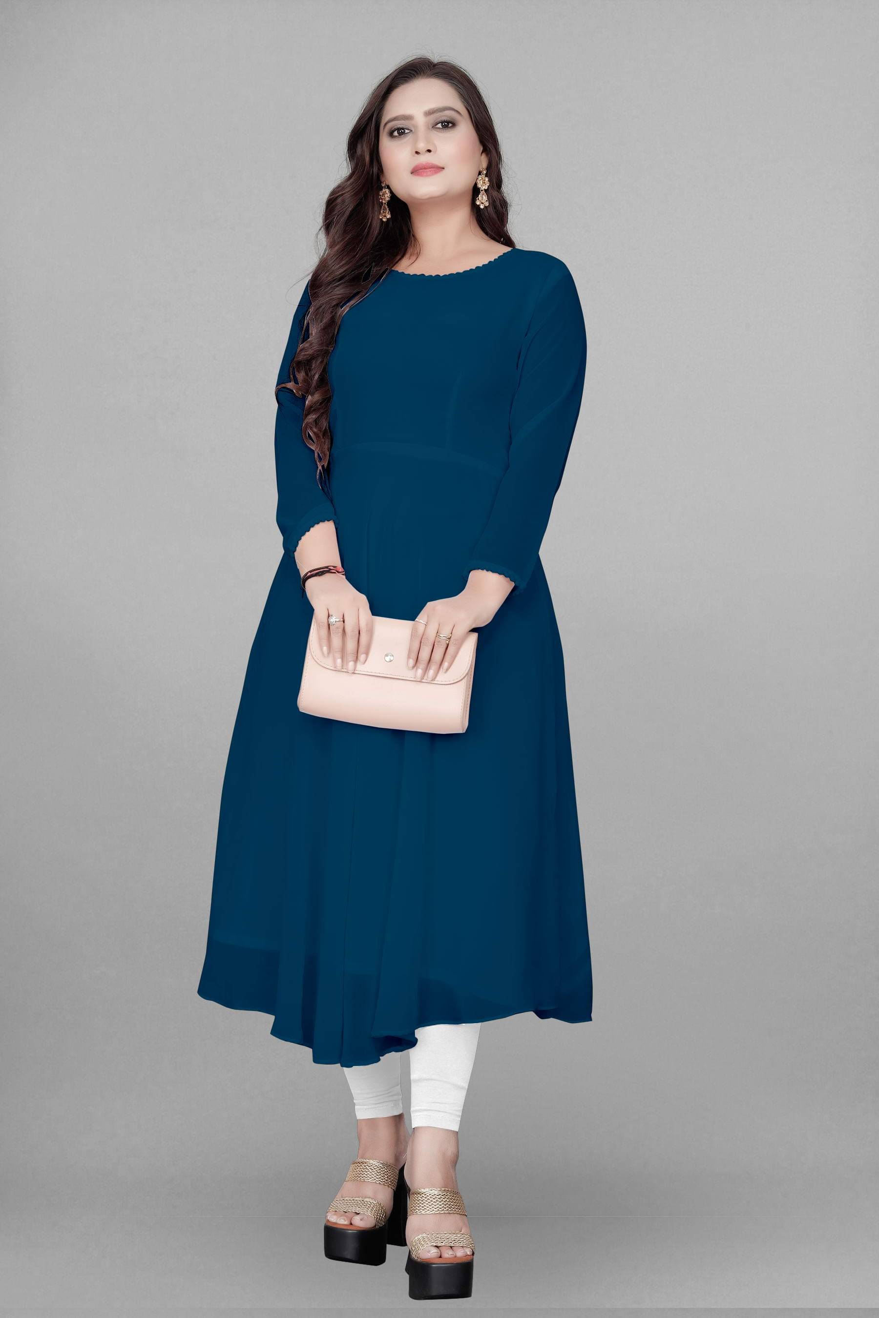 Vidya Fashion Mart Women Georgette Solid Flared Kurti ( Teal ) Vidya Fashion Mart Women Georgette Solid Flared Kurti ( Teal )