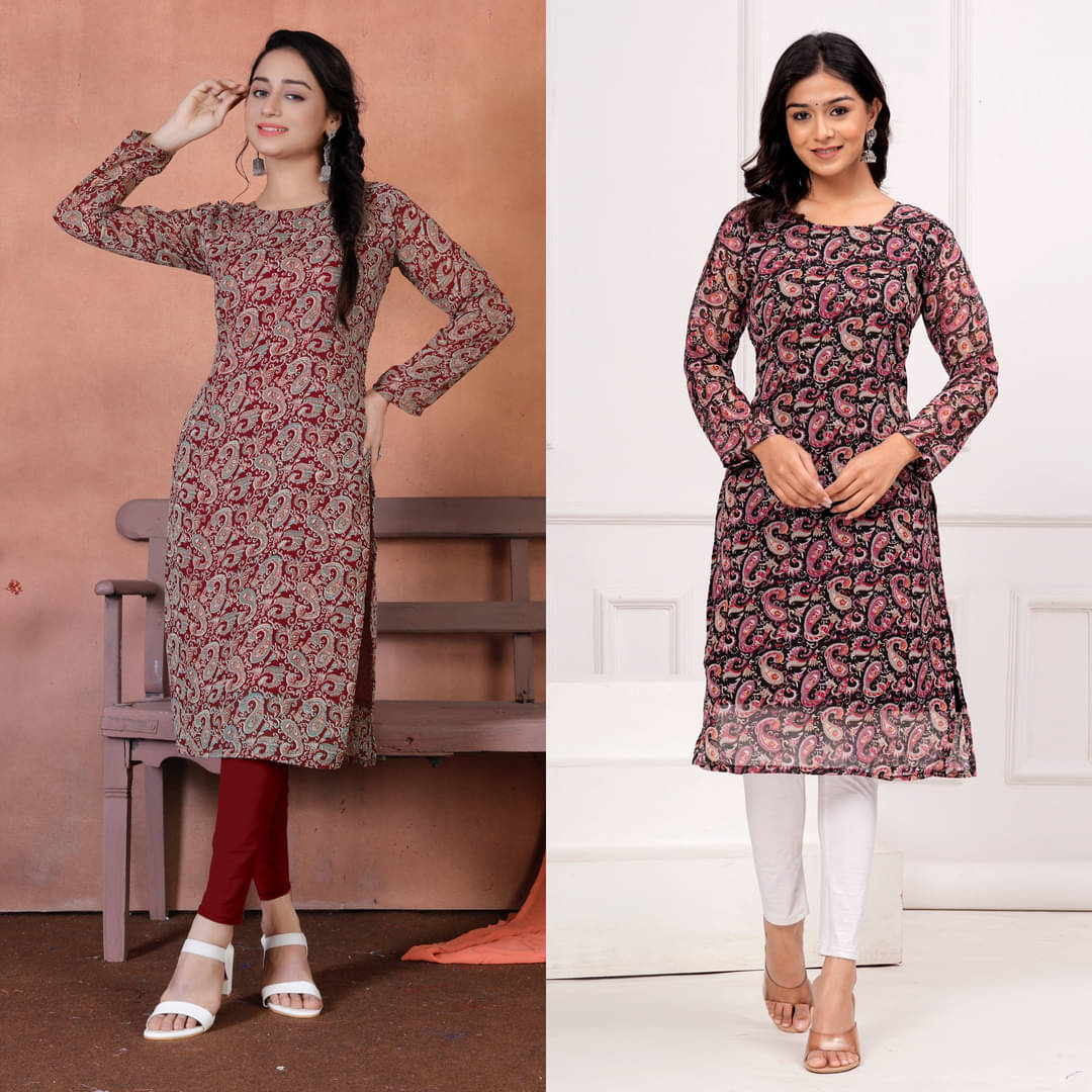     			YAGNIK FASHION Women Georgette Solid Straight Kurti ( Red & Black )