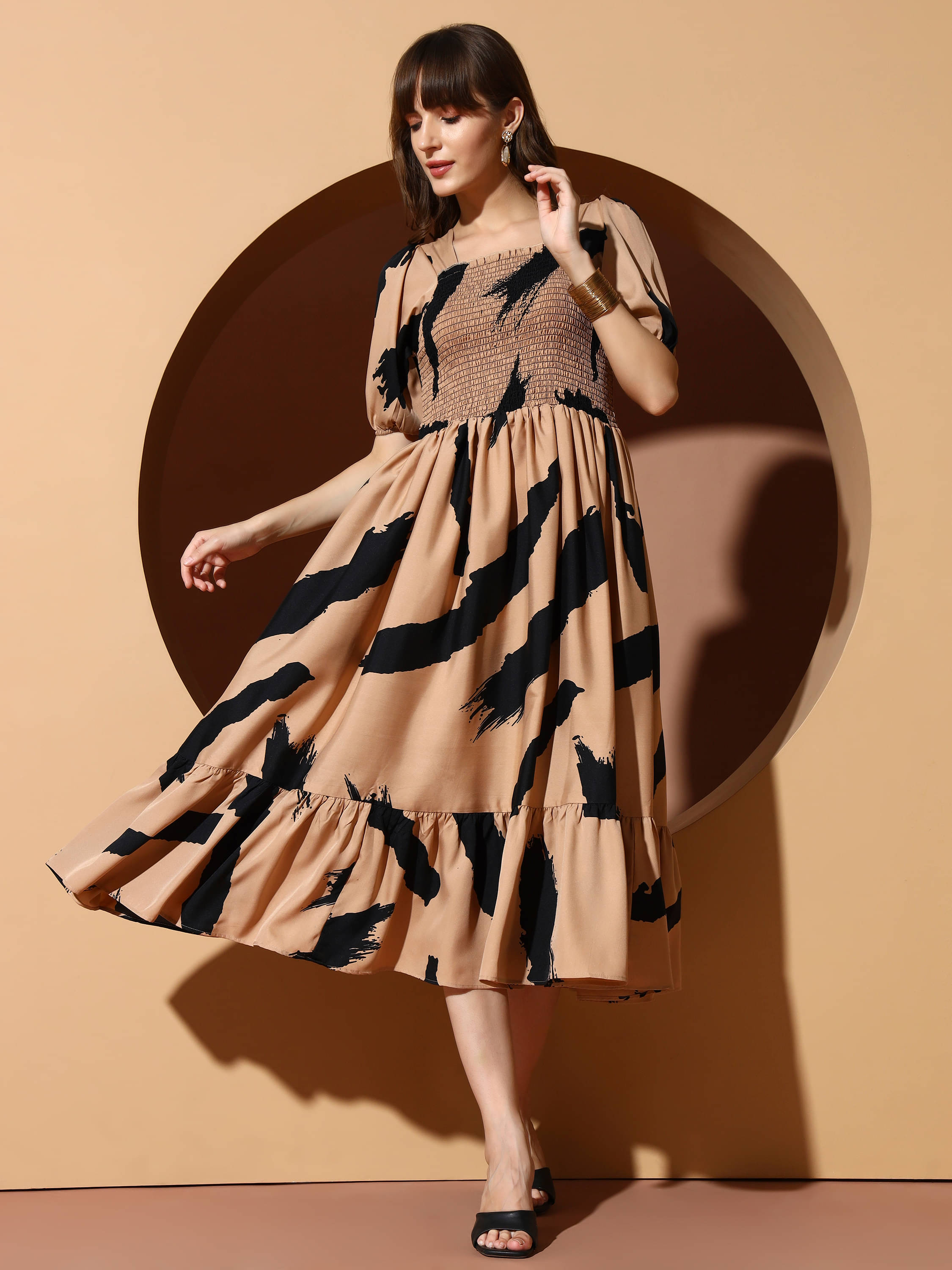 ZWERLON Women Polyester Printed A-line Dress ( Cream ) ZWERLON Women Polyester Printed A-line Dress ( Cream )