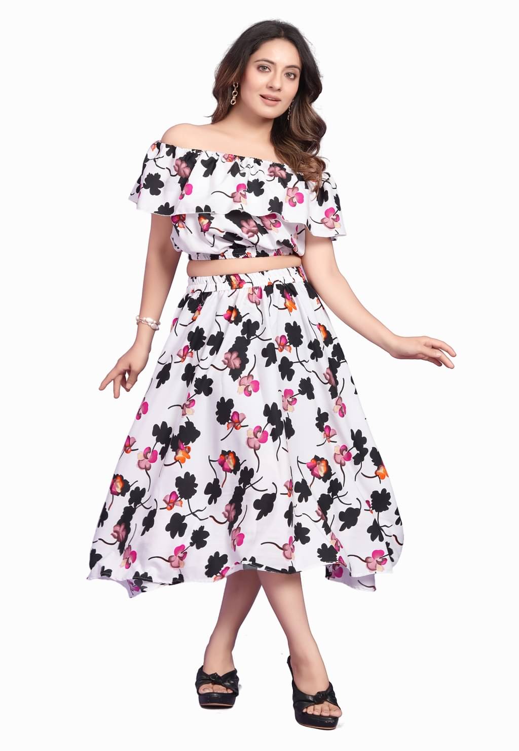     			shitdhey Women Printed Top With Skirt Co-Ord Set ( White )