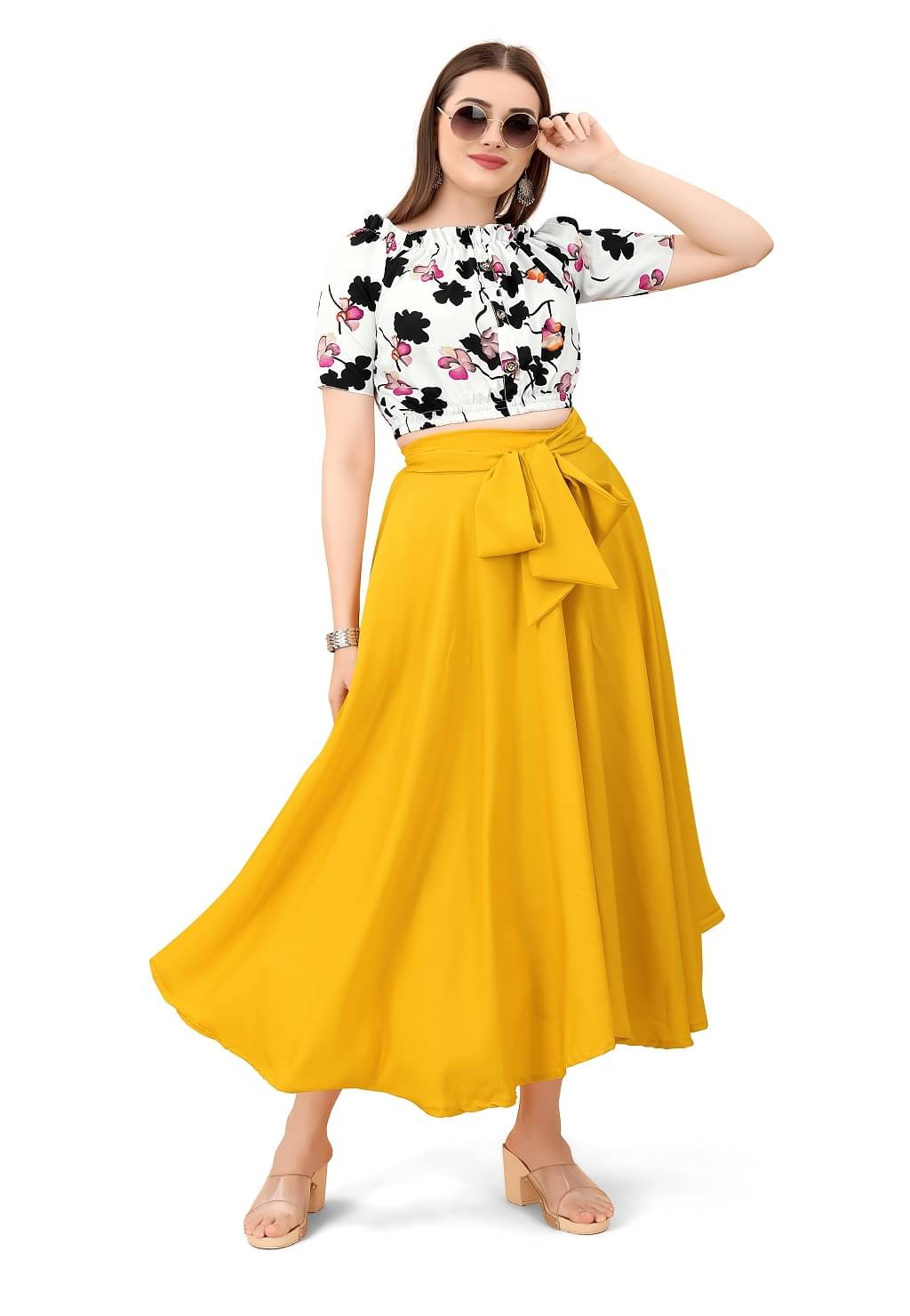     			shitdhey Women Printed Top With Skirt Co-Ord Set ( Yellow )
