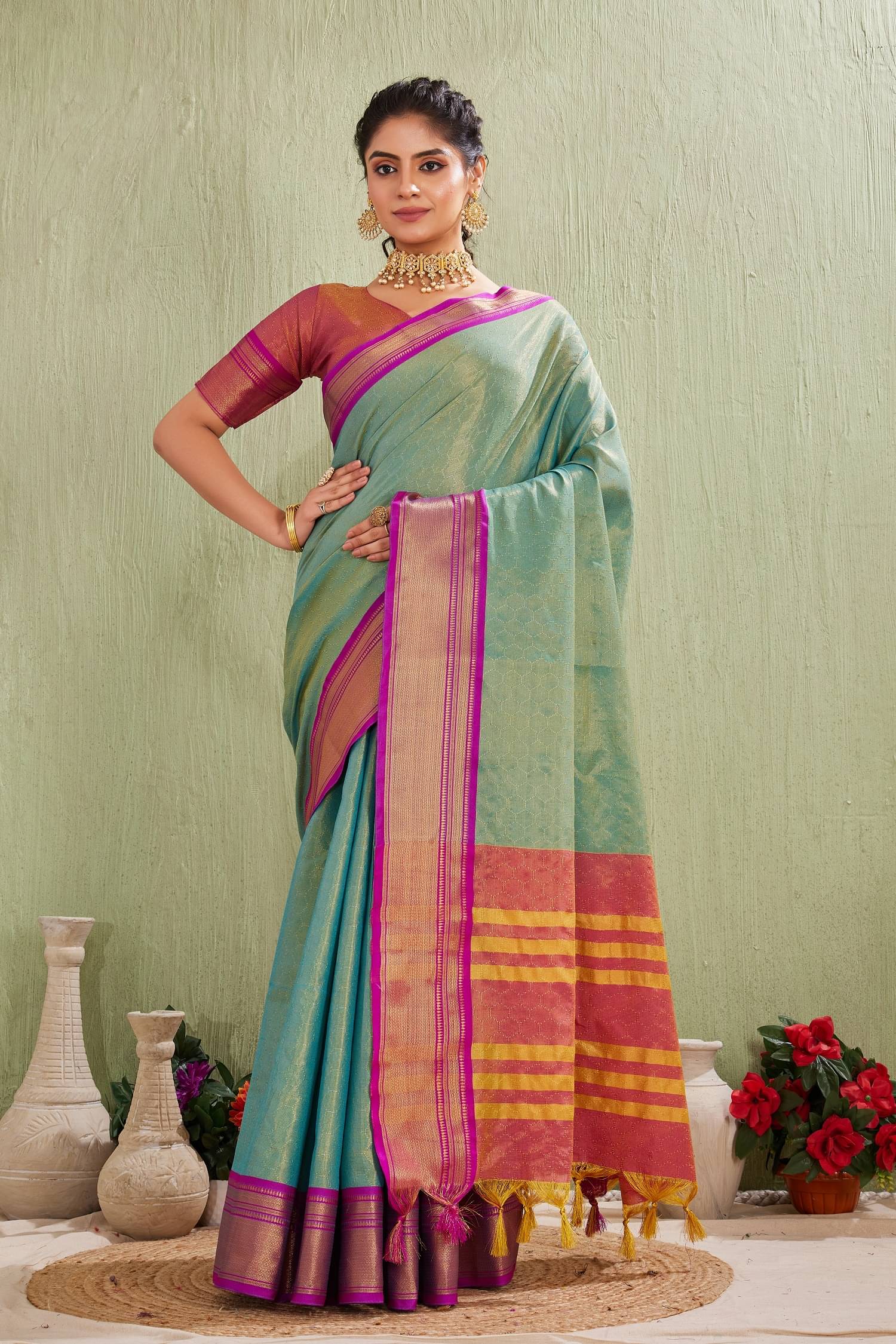 A TO Z CART Cotton Silk Woven Saree With Unstitched Blouse Piece ( Rama ) A TO Z CART Cotton Silk Woven Saree With Unstitched Blouse Piece ( Rama )
