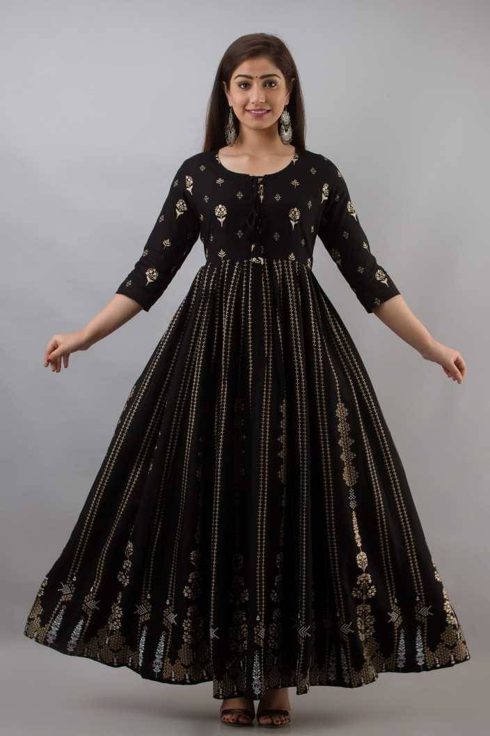 AVEITH Women Rayon Printed Anarkali Kurti ( Black ) AVEITH Women Rayon Printed Anarkali Kurti ( Black )