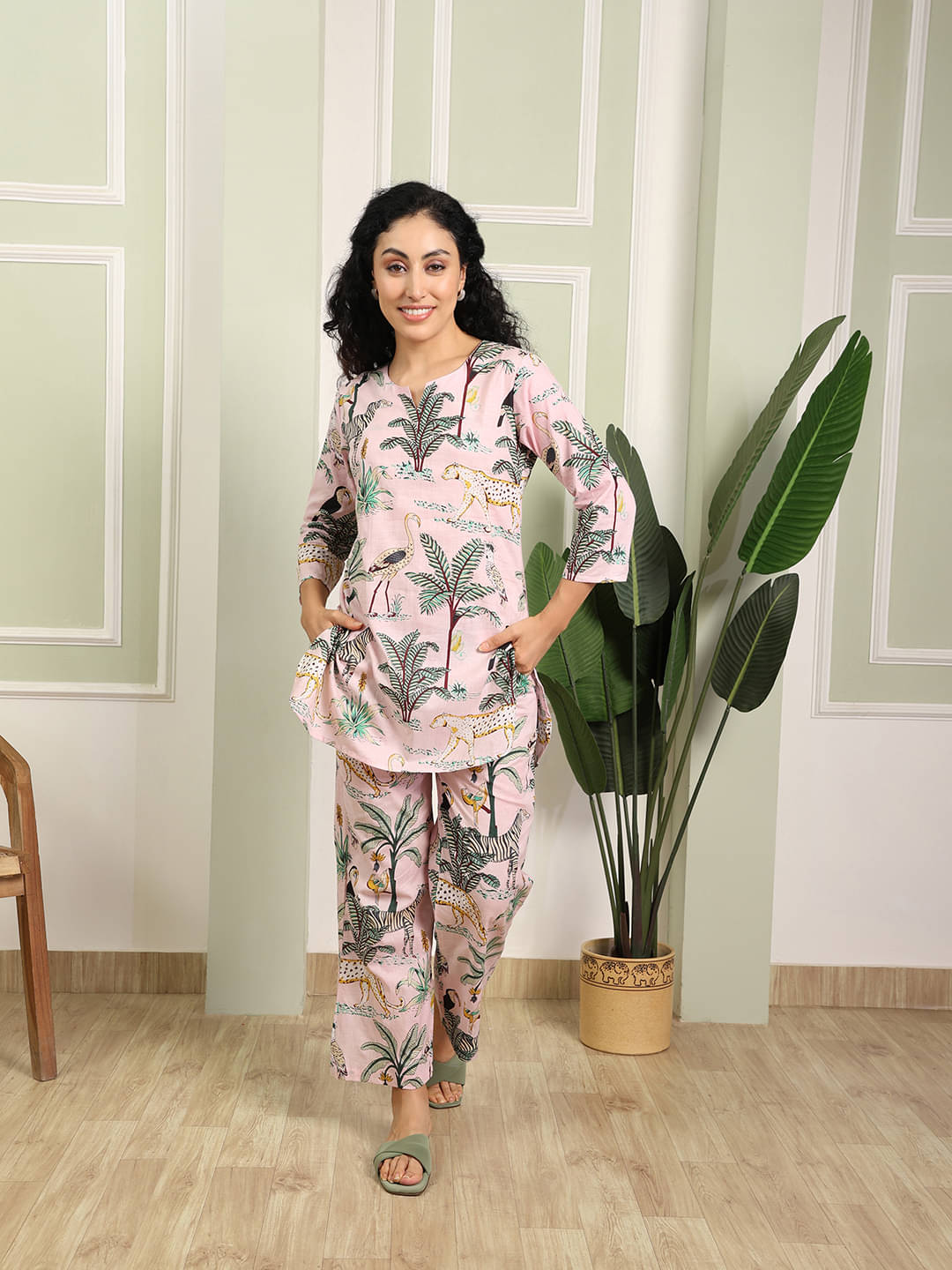     			Attire Fashions Women Printed Tunic With Palazzos Co-Ord Set ( Peach )