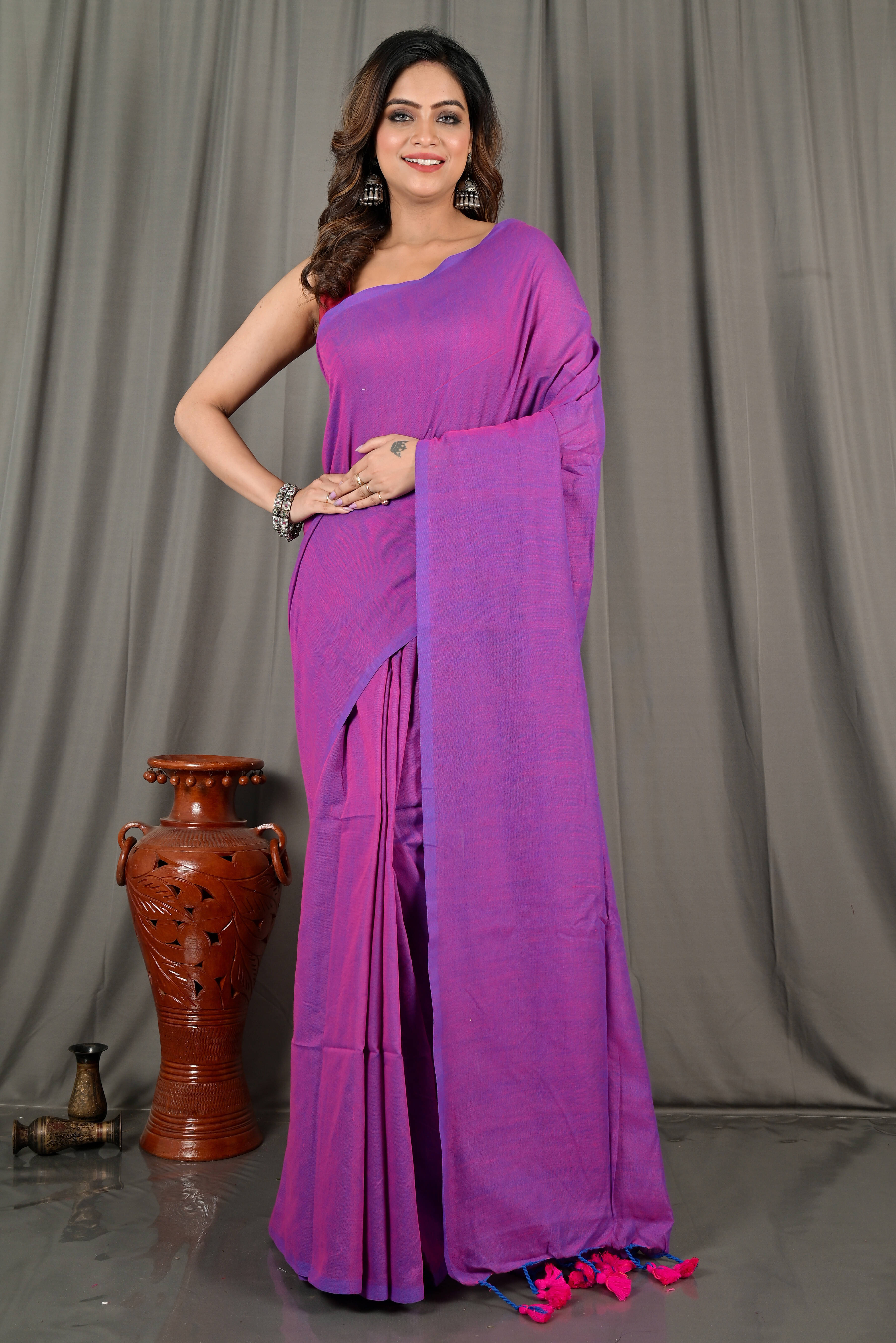     			BRYNBRIT Cotton Self Design Tant Saree With Unstitched Blouse Piece ( Purple )