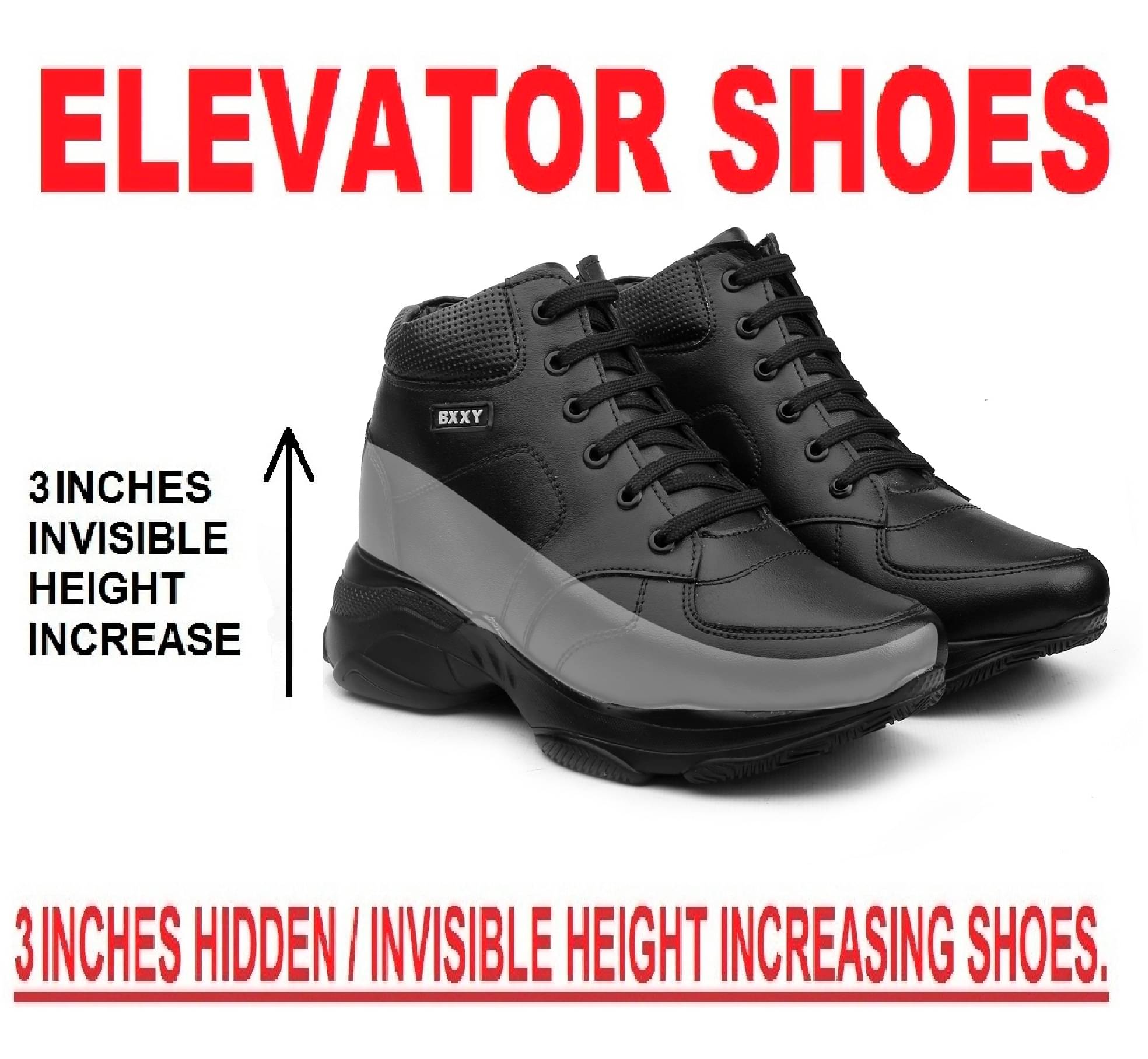     			BXXY 3Inch Hidden Height Increasing Black Men's High Tops Shoes