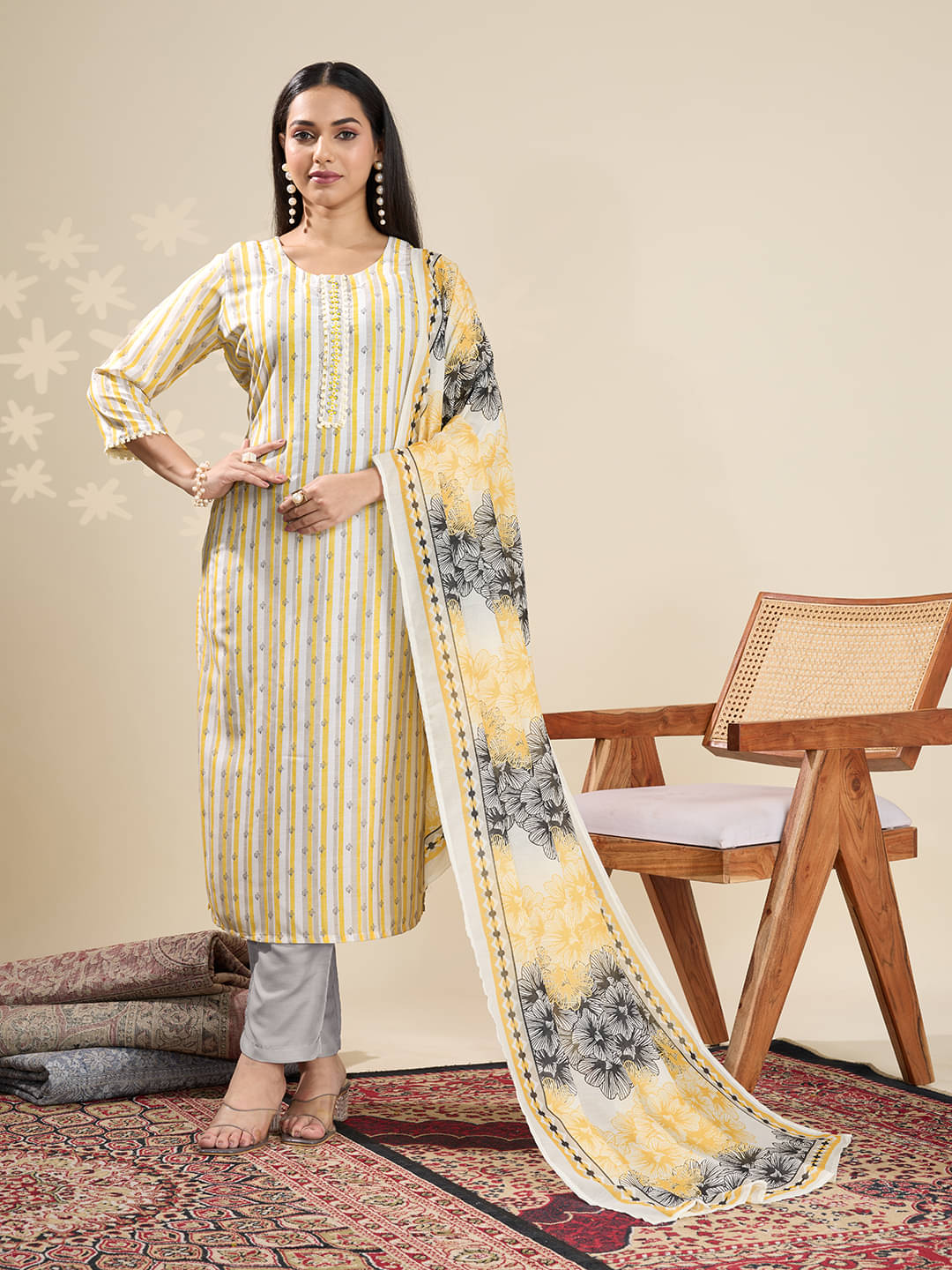     			Clothing Closet Women Silk Printed Shirt Style Kurti With Pants ( Yellow )