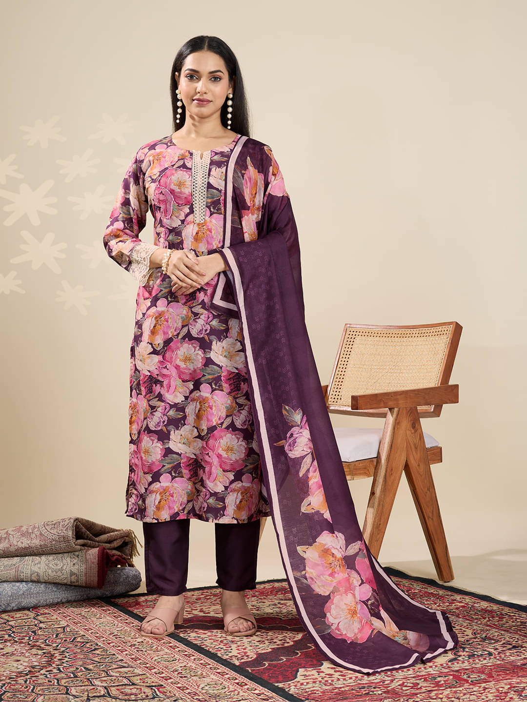     			Clothing Closet Women Silk Printed Shirt Style Kurti With Pants ( Wine )