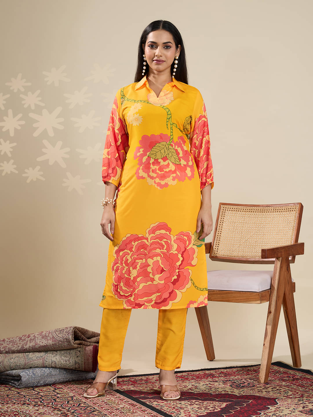     			Clothing Closet Women Silk Printed Shirt Style Kurti With Pants ( Yellow )
