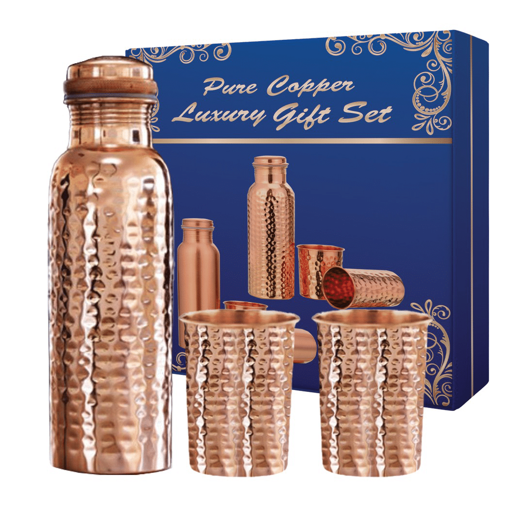     			Copperika Gift Set Hammered Copper Water Bottle With 2 Glass Copper Copper Water Bottle 1550 mL ( Set of 1 )