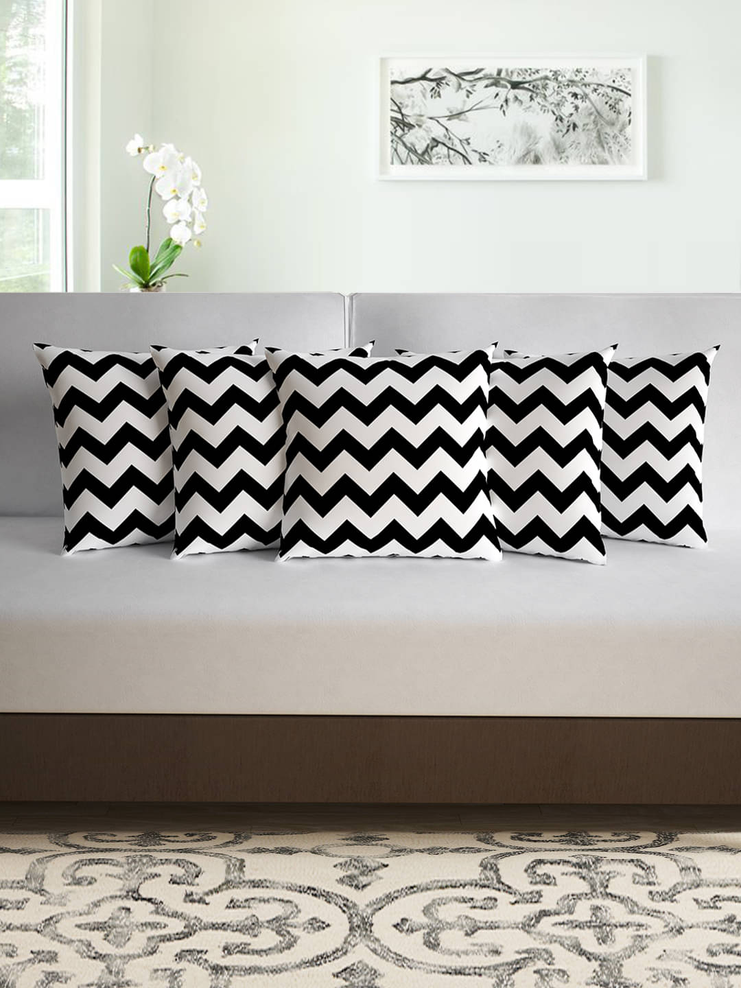     			DIVINE CASA Set of 5 Polyester Abstract Square Cushion Cover (40X40)cm - Black