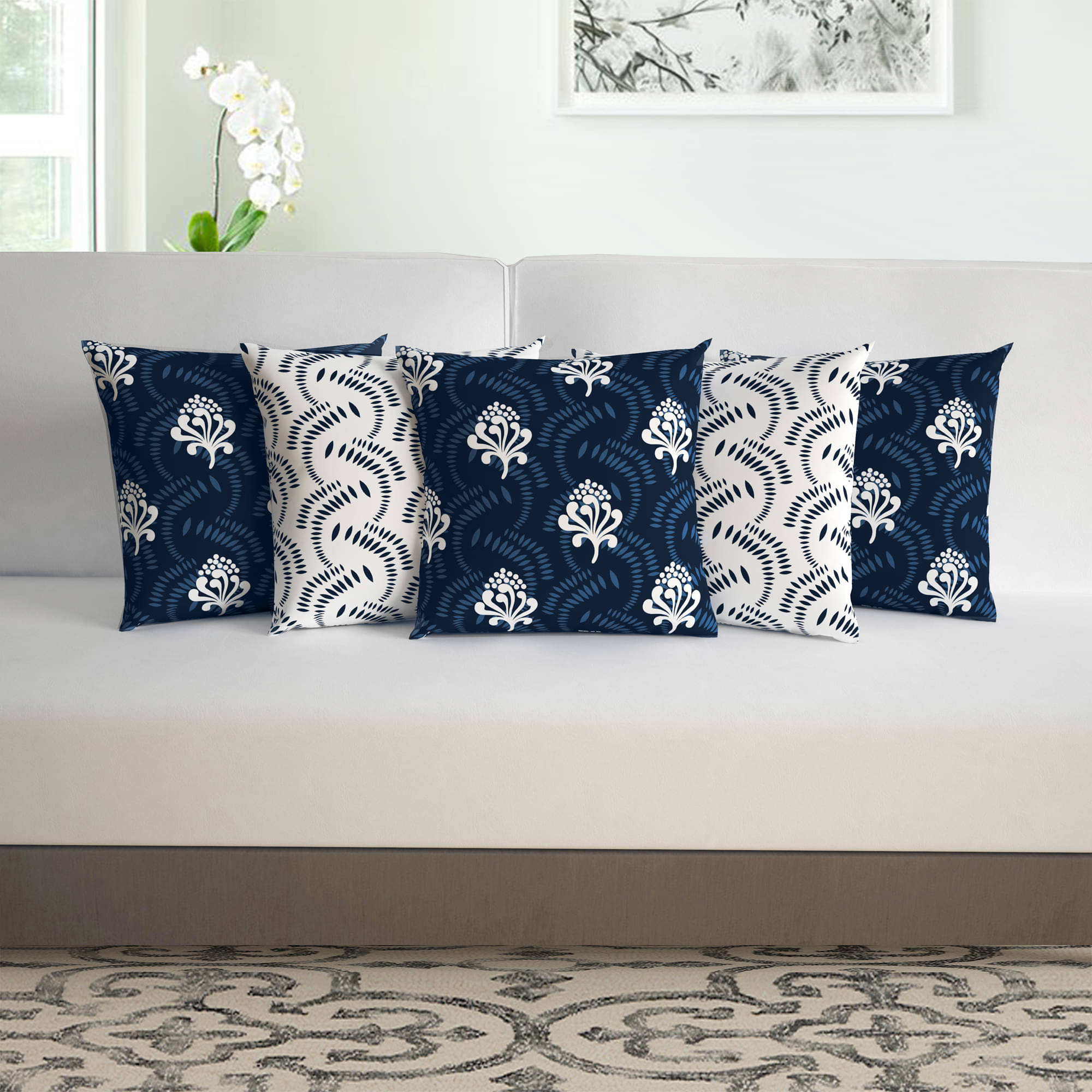     			DIVINE CASA Set of 5 Polyester Abstract Square Cushion Cover (40X40)cm - Navy