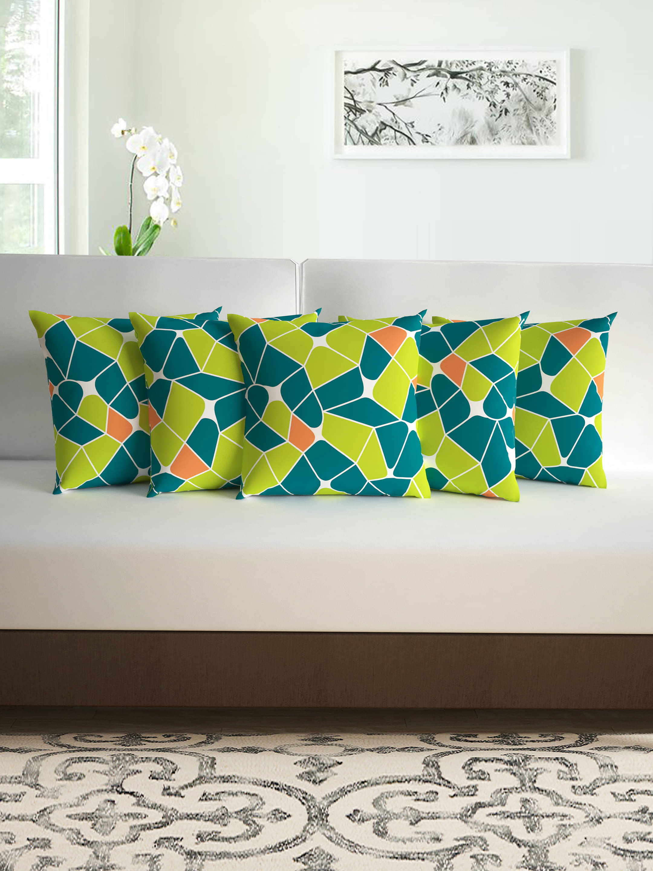    			DIVINE CASA Set of 5 Polyester Geometric Square Cushion Cover (40X40)cm - Orange
