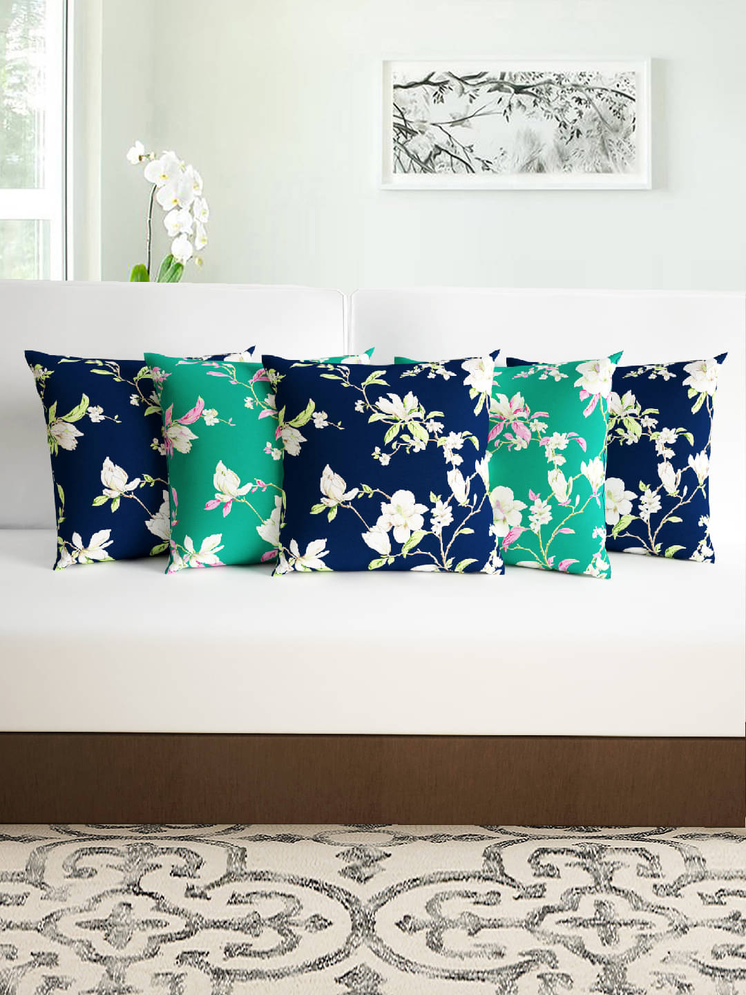     			DIVINE CASA Set of 5 Polyester Floral Square Cushion Cover (40X40)cm - Green