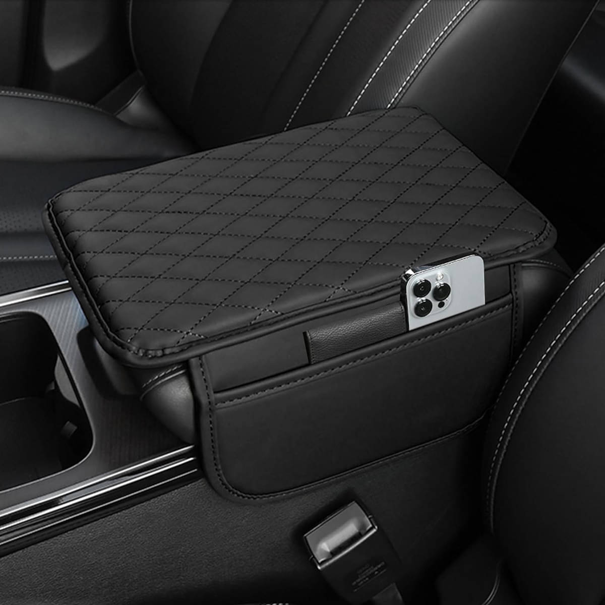 GEEO Car Center Console Armrest Cover Pad Fashion PU Leather Car Armrest Cushion Universal Fit for SUV/Truck/Car, Auto Armrest Seat Box Cover with 2 Mobile Pockets, Ergonomic Comfort & Easy Install GEEO Car Center Console Armrest Cover Pad Fashion PU Leather Car Armrest Cushion Universal Fit for SUV/Truck/Car, Auto Armrest Seat Box Cover with 2 Mobile Pockets, Ergonomic Comfort & Easy Install