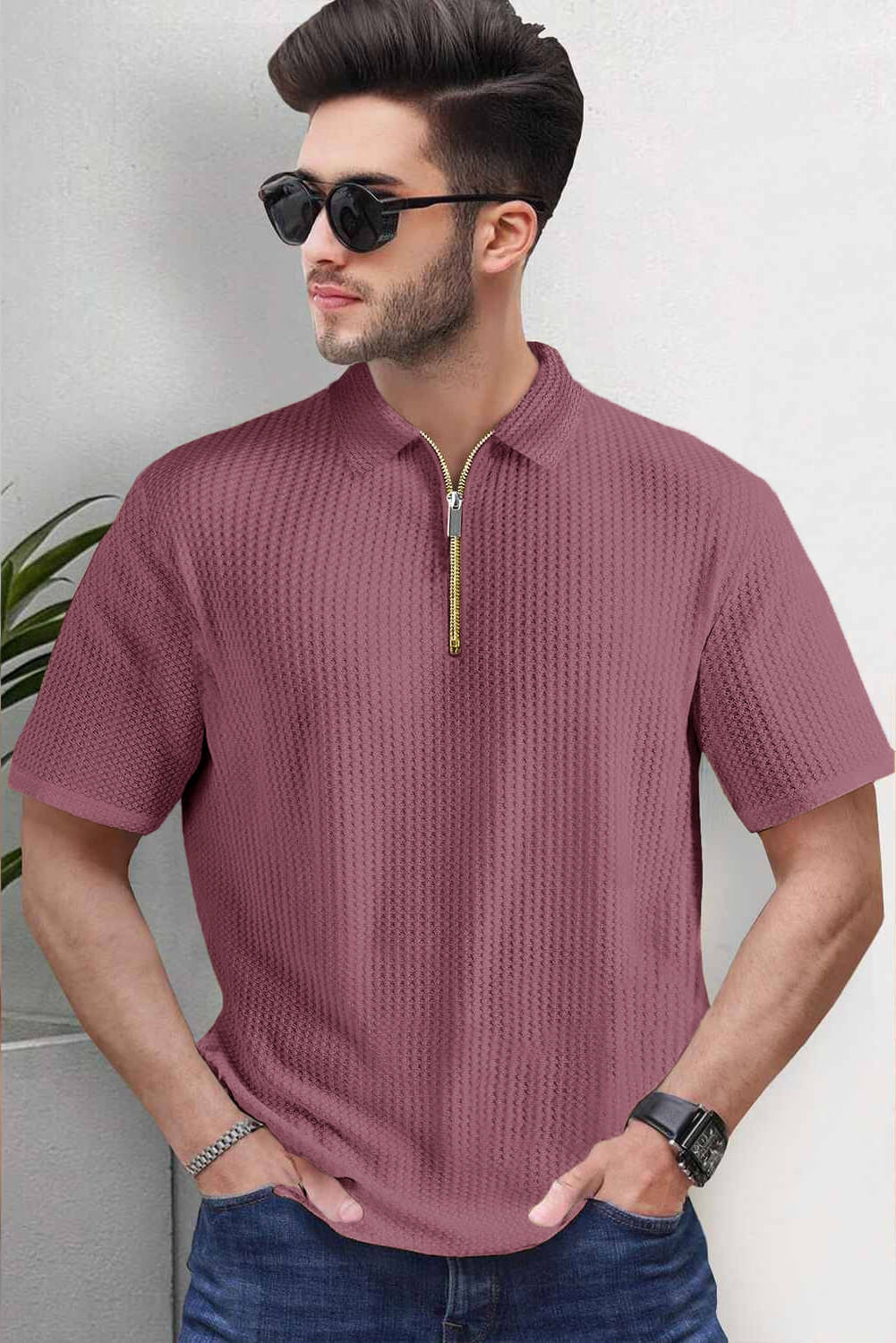     			Hoodler Men Cotton Blend Regular Fit Self Design Polo T Shirt ( Pink )