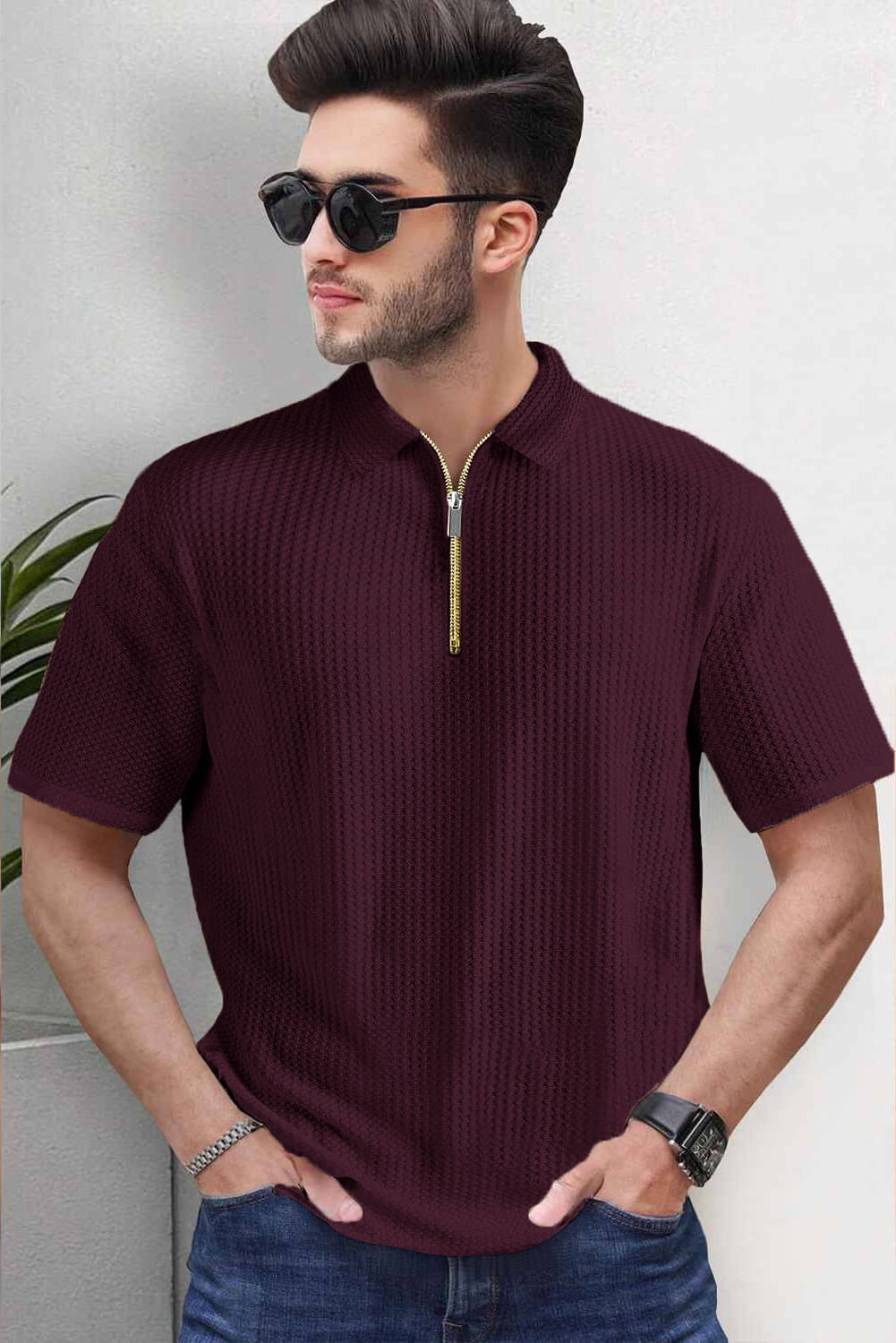 Hoodler Men Cotton Blend Regular Fit Self Design Polo T Shirt ( Maroon ) Hoodler Men Cotton Blend Regular Fit Self Design Polo T Shirt ( Maroon )