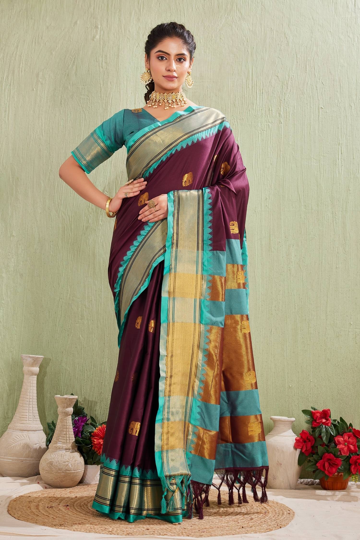     			KV Fashion Cotton Silk Woven Saree With Unstitched Blouse Piece ( Wine )