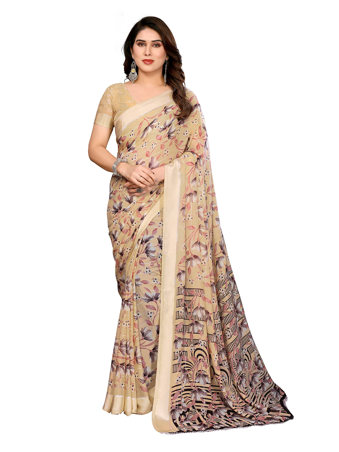 Kashvi Sarees Georgette Printed Ilkal Saree With Unstitched Blouse Piece ( Cream )     			Kashvi Sarees Georgette Printed Ilkal Saree With Unstitched Blouse Piece ( Cream )