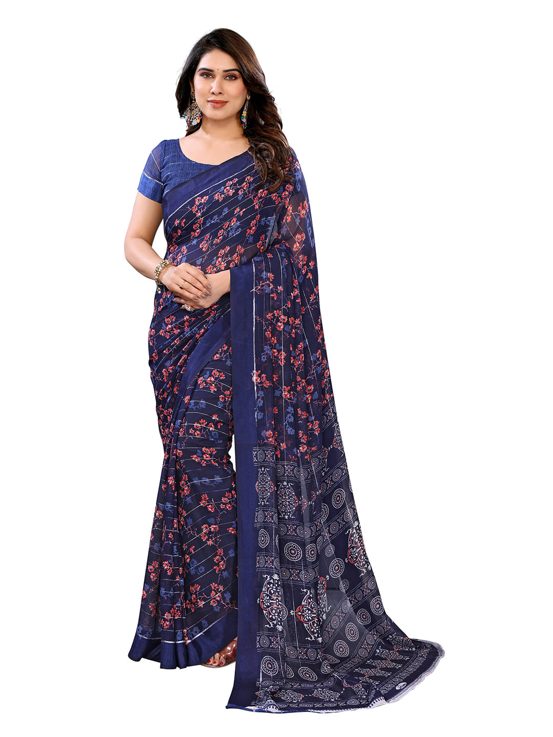     			Kashvi Sarees Georgette Printed Ilkal Saree With Unstitched Blouse Piece ( Blue )