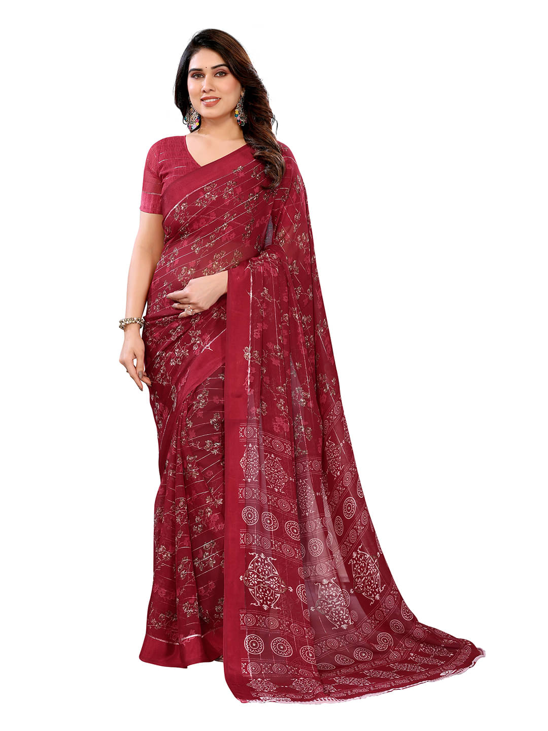 Kashvi Sarees Georgette Printed Ilkal Saree With Unstitched Blouse Piece ( Maroon )     			Kashvi Sarees Georgette Printed Ilkal Saree With Unstitched Blouse Piece ( Maroon )
