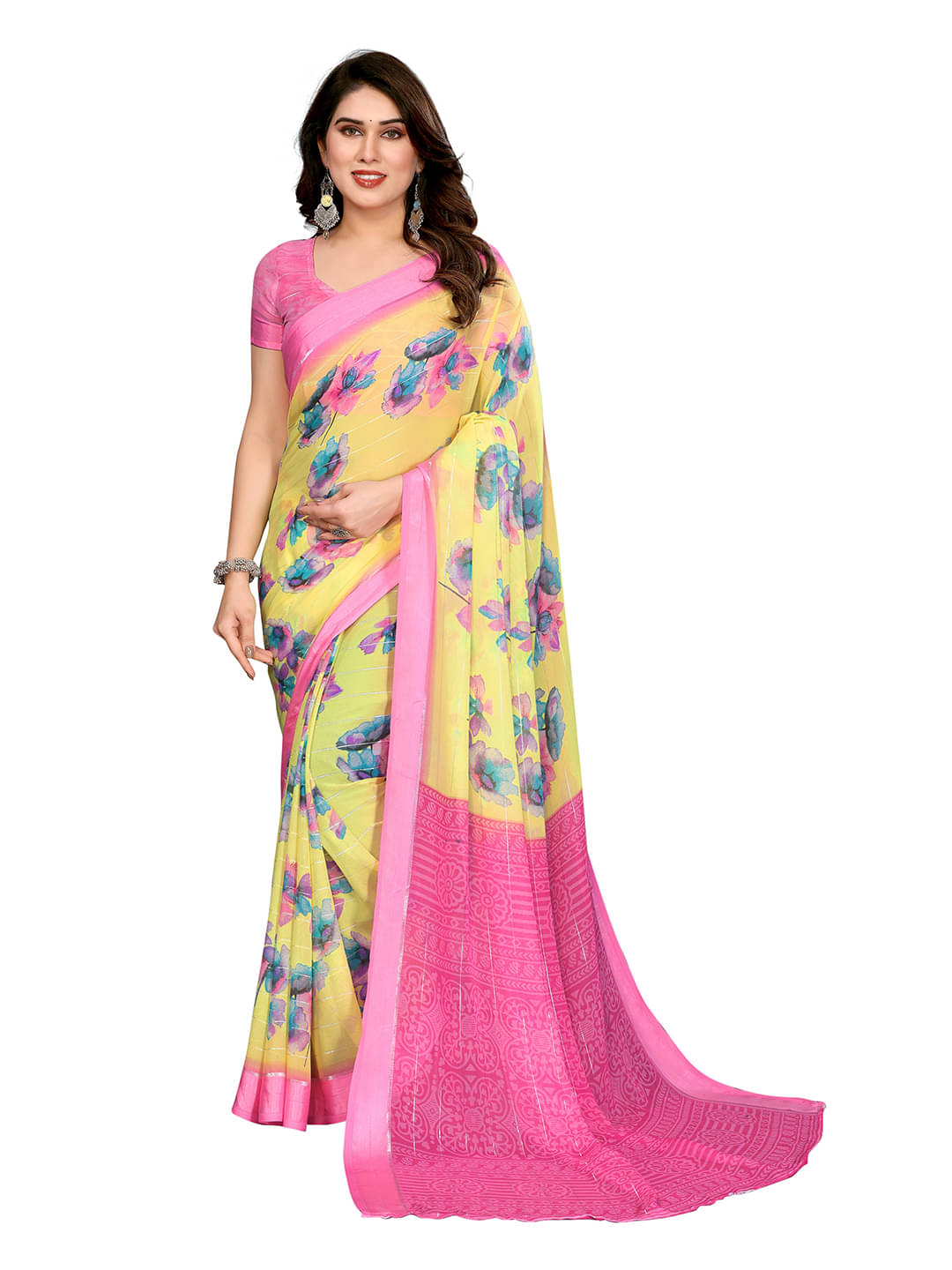     			Kashvi Sarees Georgette Printed Ilkal Saree With Unstitched Blouse Piece ( Yellow )