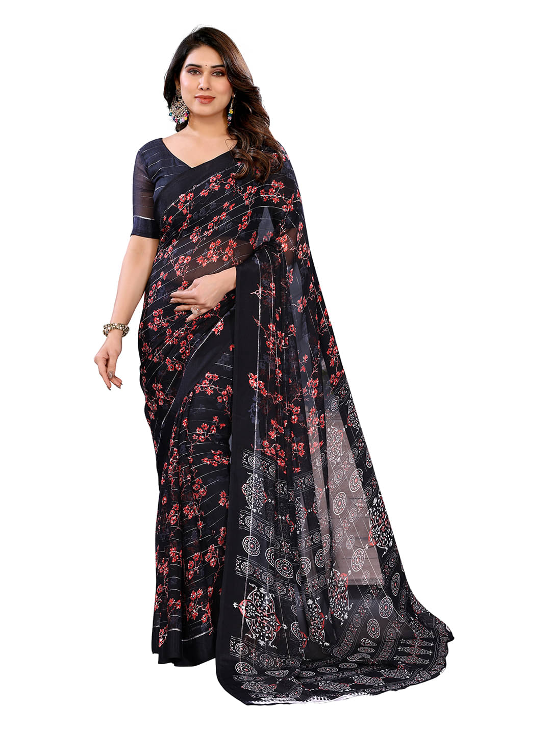     			Kashvi Sarees Georgette Printed Ilkal Saree With Unstitched Blouse Piece ( Black )