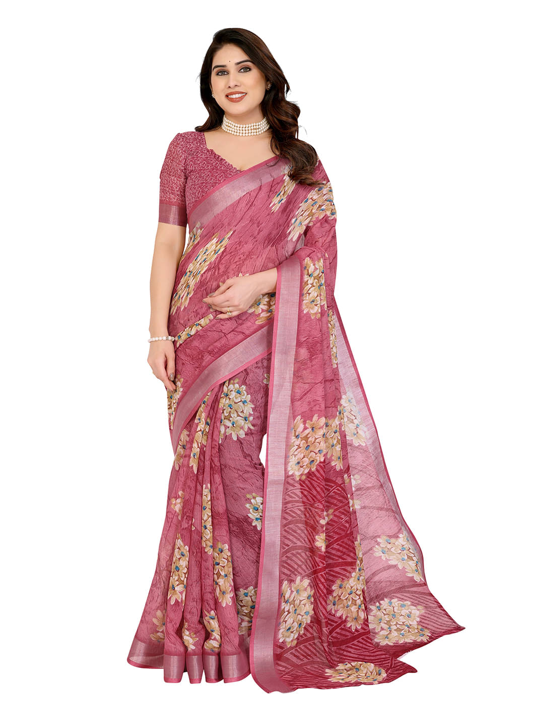     			Kashvi Sarees Linen Printed Ilkal Saree With Unstitched Blouse Piece ( Pink )