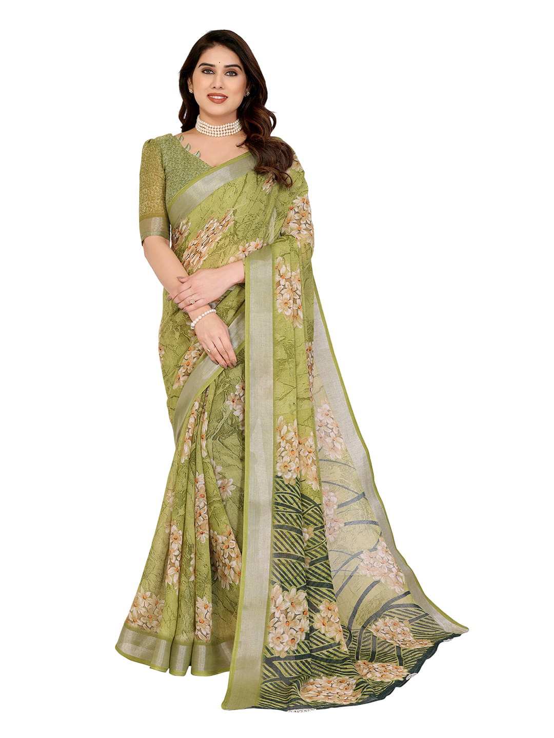     			Kashvi Sarees Linen Printed Ilkal Saree With Unstitched Blouse Piece ( Green )