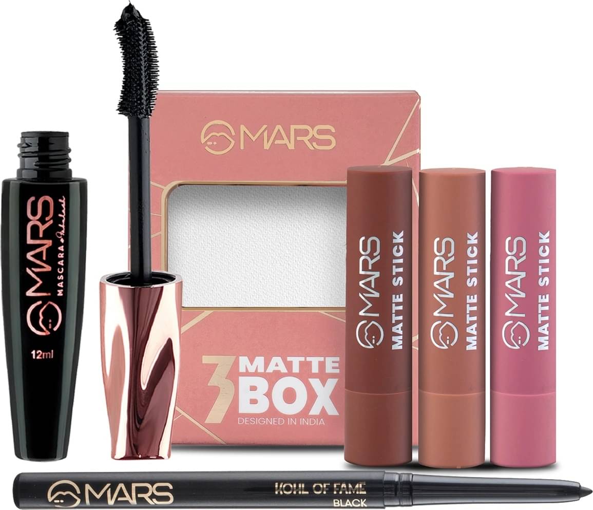 MARS Combo Of Blushed Nudes Matte Lipstick Box With Ultra Curl Long Lasting Fabulash Mascara and Smudge Proof Kajal (3 Items) MARS Combo Of Blushed Nudes Matte Lipstick Box With Ultra Curl Long Lasting Fabulash Mascara and Smudge Proof Kajal (3 Items)