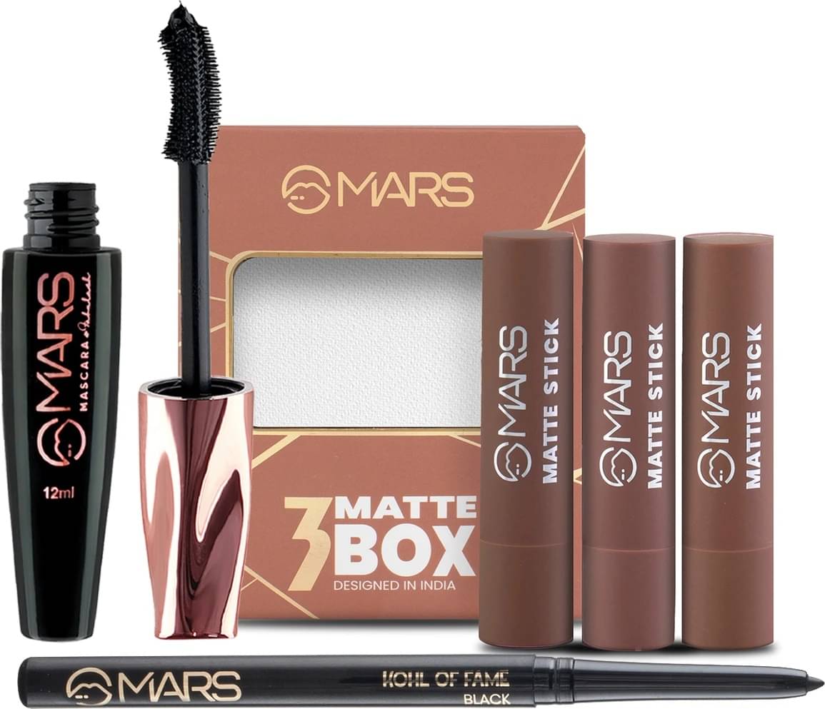 MARS Combo Of Brown Matte Lipstick Box With Ultra Curl Long Lasting Fabulash Mascara and Smudge Proof Kajal (3 Items) MARS Combo Of Brown Matte Lipstick Box With Ultra Curl Long Lasting Fabulash Mascara and Smudge Proof Kajal (3 Items)