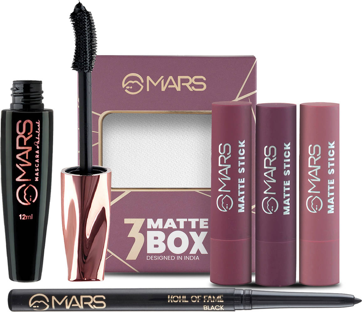 MARS Combo Of Plums Matte Lipstick Box With Ultra Curl Long Lasting Fabulash Mascara and Smudge Proof Kajal (3 Items) MARS Combo Of Plums Matte Lipstick Box With Ultra Curl Long Lasting Fabulash Mascara and Smudge Proof Kajal (3 Items)