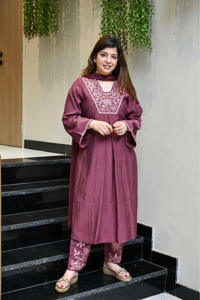 Mahek Fashion Women Silk Blend Embroidered A-line Kurti With Pants ( Brown )