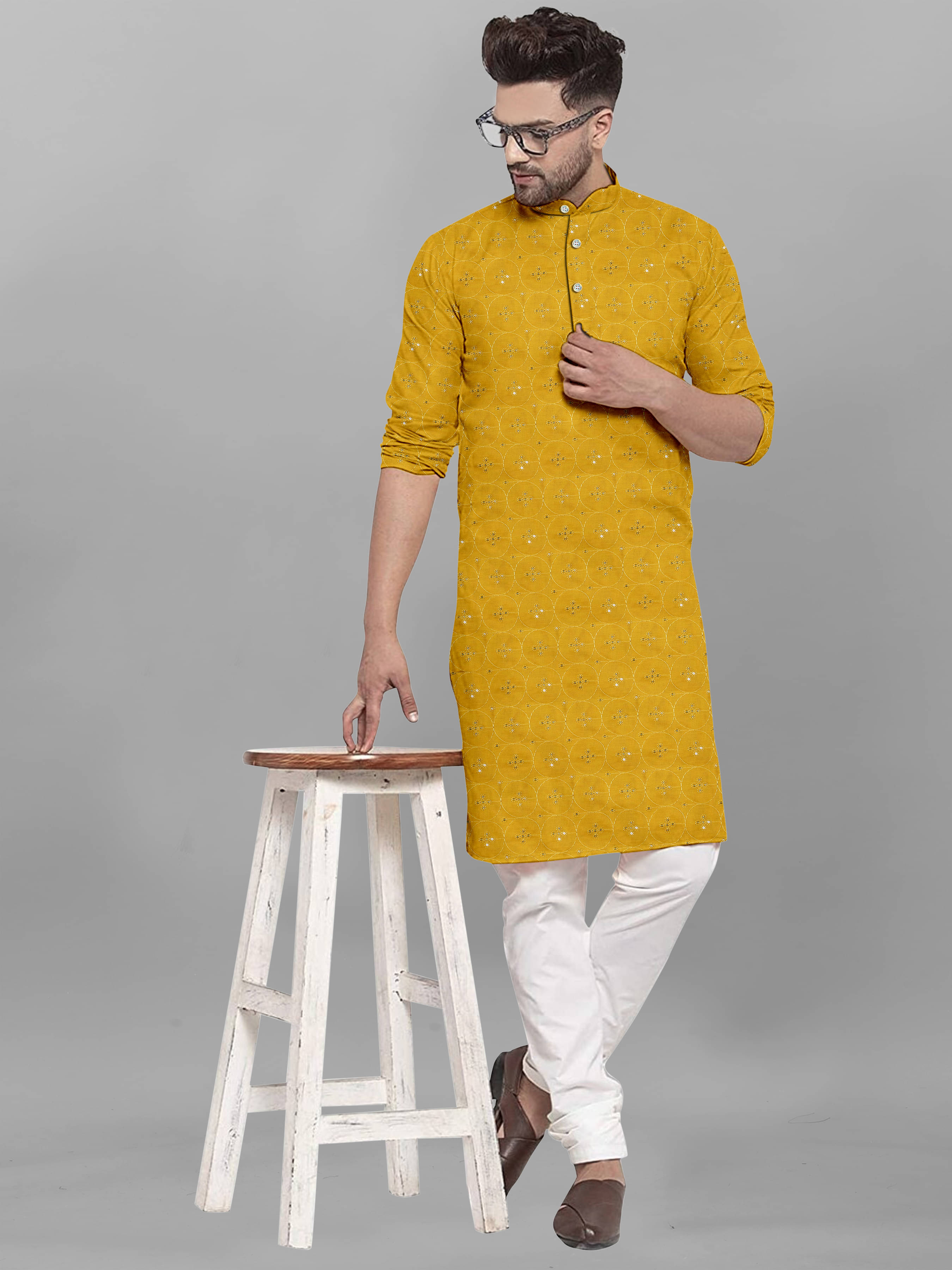     			ONECLICK Yellow Cotton Men's Regular Kurta ( Pack of 1 )