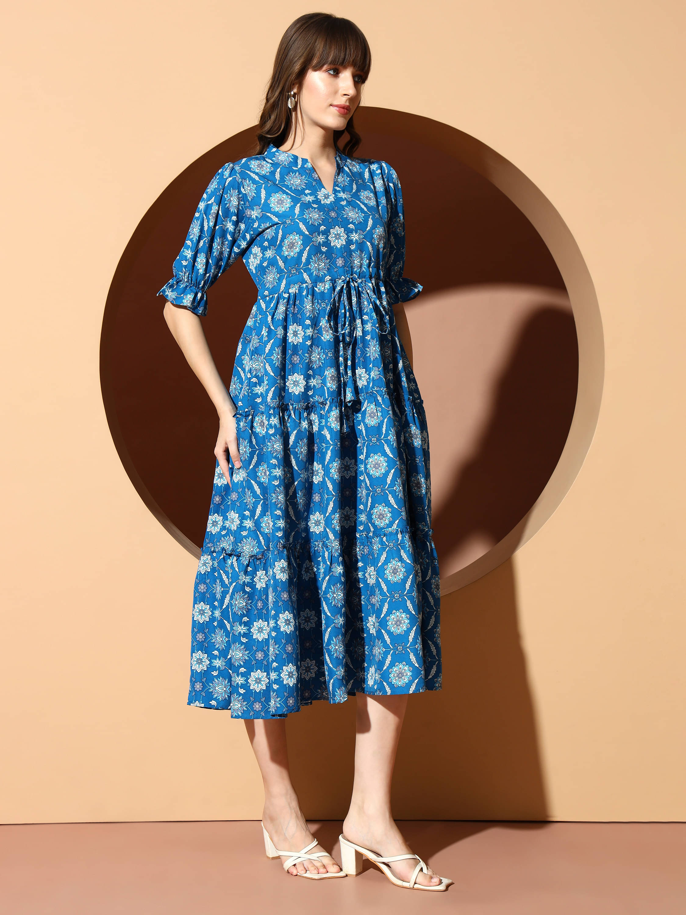     			OTABU Women Polyester Printed A-line Dress ( Blue )