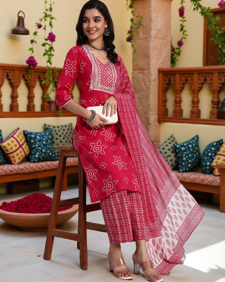 Pannkh Women Cotton Embroidered Straight Kurti With Pants ( Pink ) Pannkh Women Cotton Embroidered Straight Kurti With Pants ( Pink )