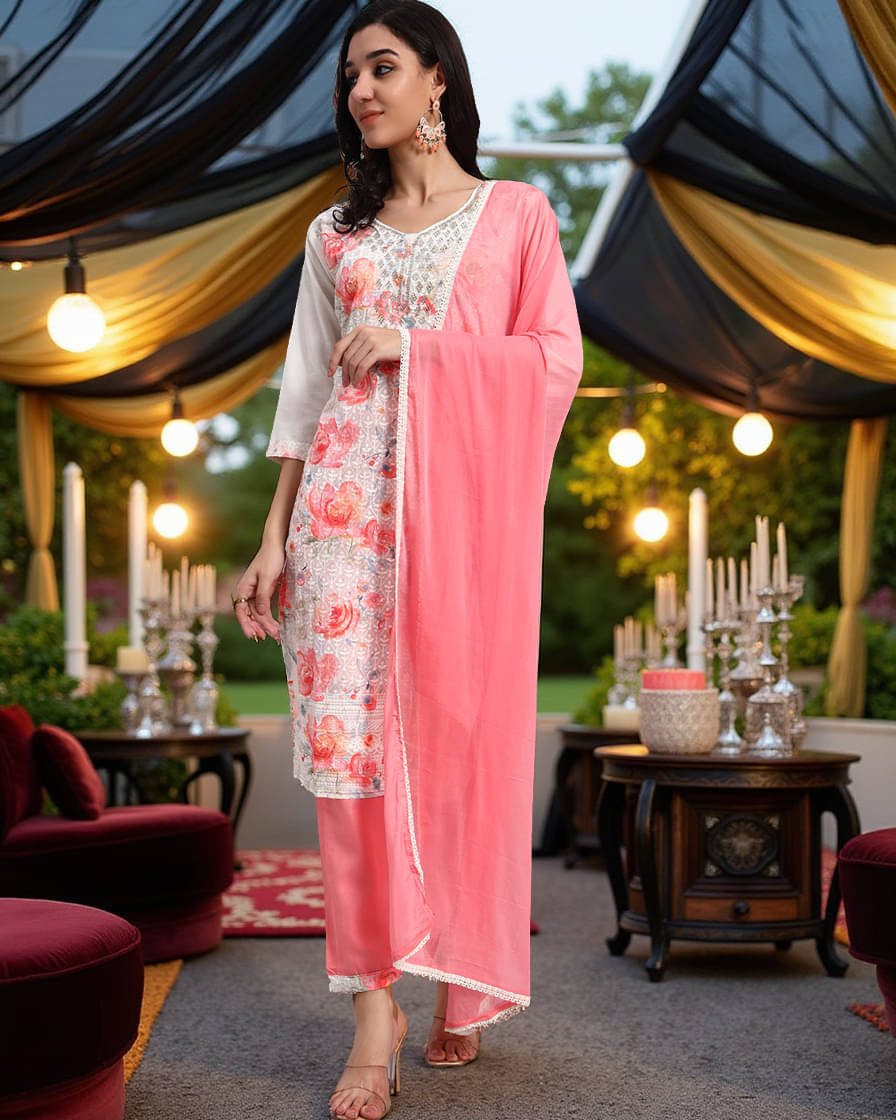 Pannkh Women Cotton Embroidered Straight Kurti With Pants ( Off White ) Pannkh Women Cotton Embroidered Straight Kurti With Pants ( Off White )