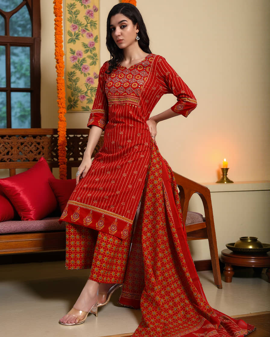 Pannkh Women Cotton Embroidered Straight Kurti With Pants ( Red )