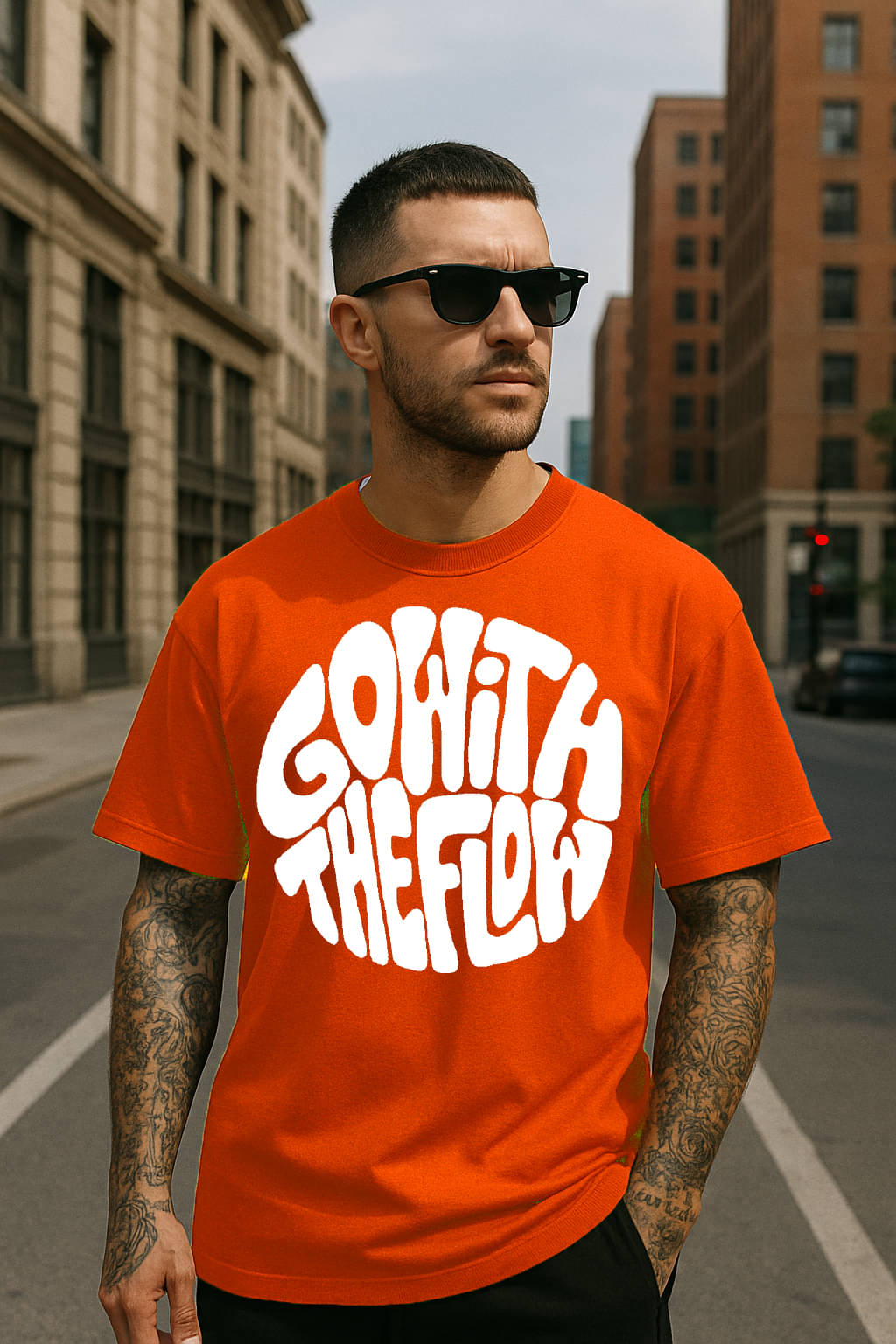    			RodZen Men Cotton Blend Oversized Fit Printed T-Shirt ( Orange )