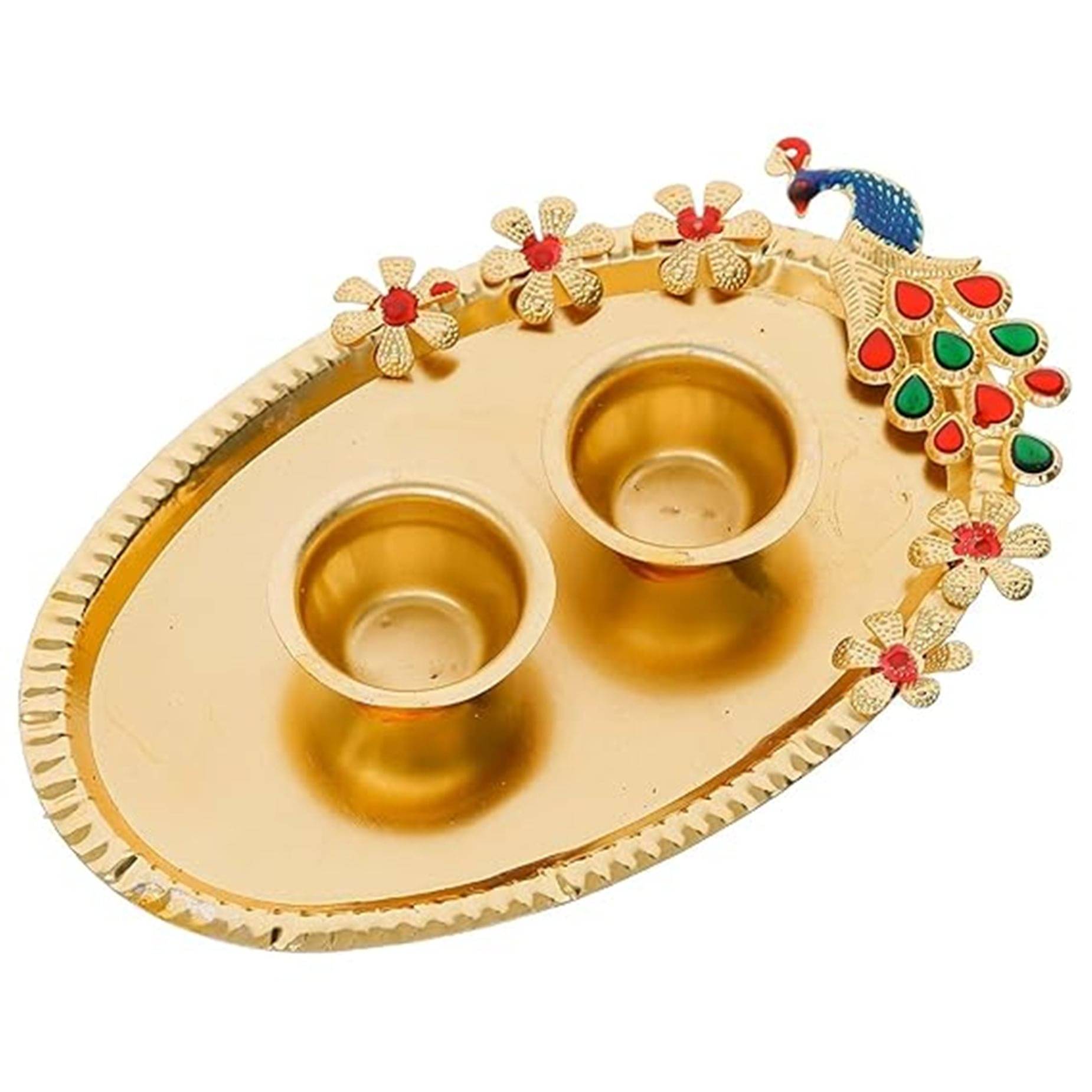     			THRIFTKART - 1PC Decorative Roli Chawal Haldi Kumkum Holder Kumkum Box for Gifting, Pooja, Thali, Mandir, Home, Temple, Gifting Oval Peacock Design with Golden Finish