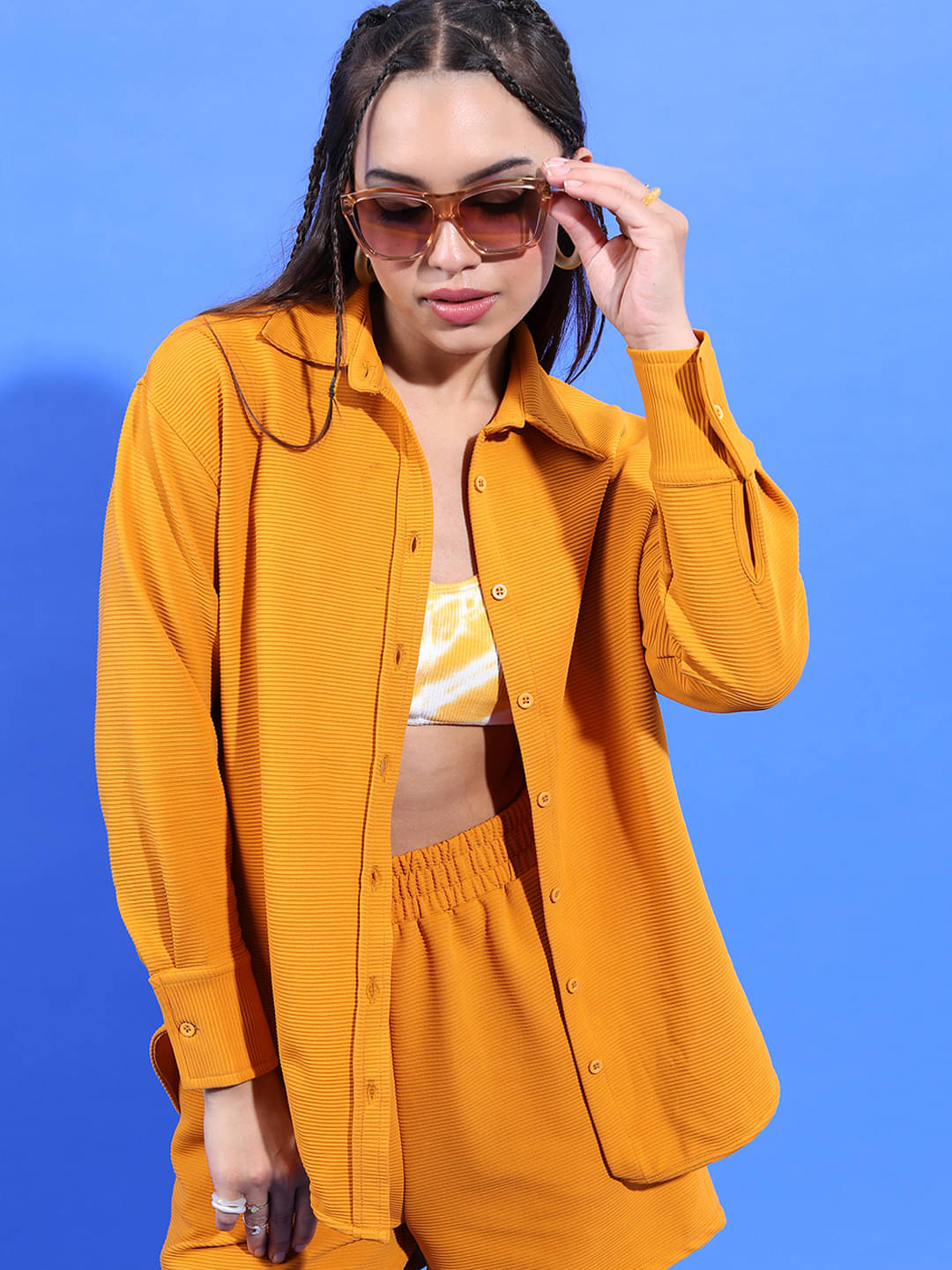 Tokyo Talkies Women Solid Shirt With Shorts Co-Ord Set ( Yellow ) Tokyo Talkies Women Solid Shirt With Shorts Co-Ord Set ( Yellow )