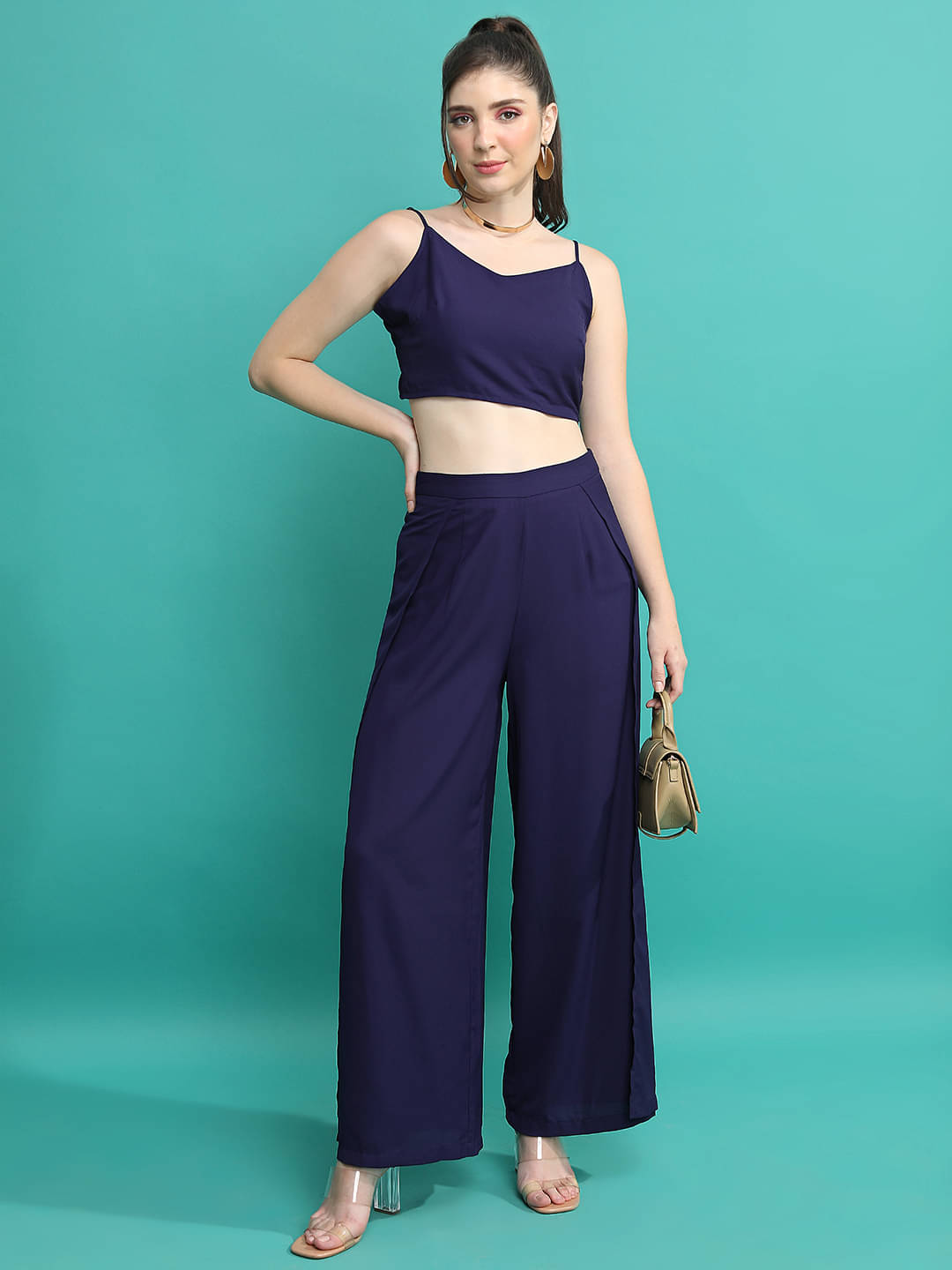     			Tokyo Talkies Women Solid Top With Trousers Co-Ord Set ( Navy )