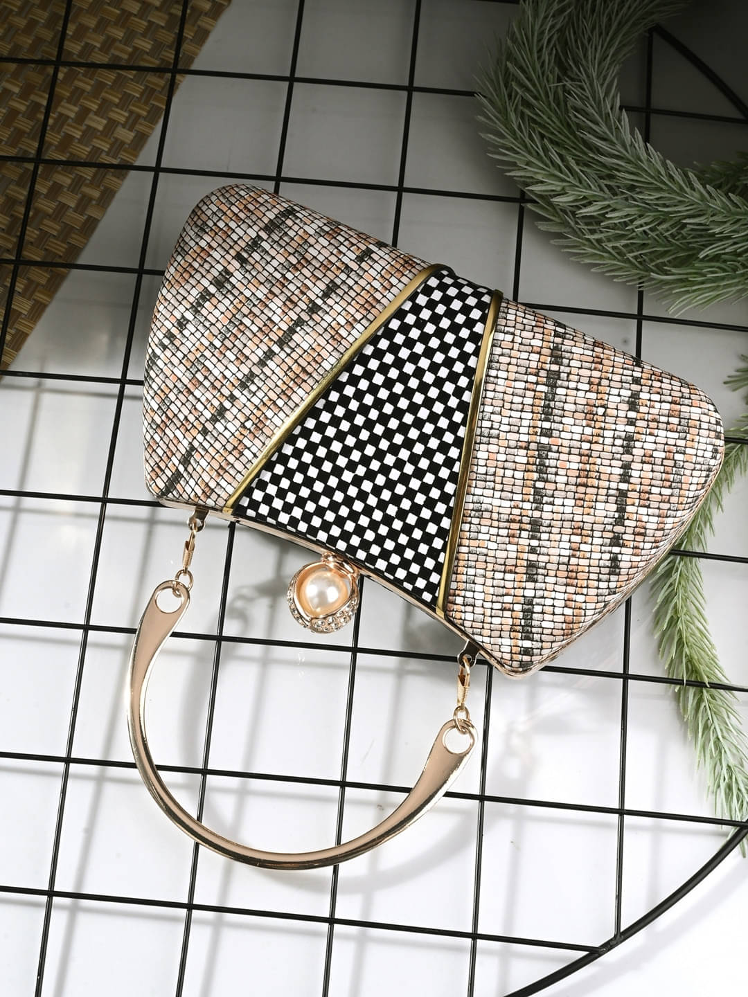     			Tooba Handicraft Beige Fabric Box Clutch