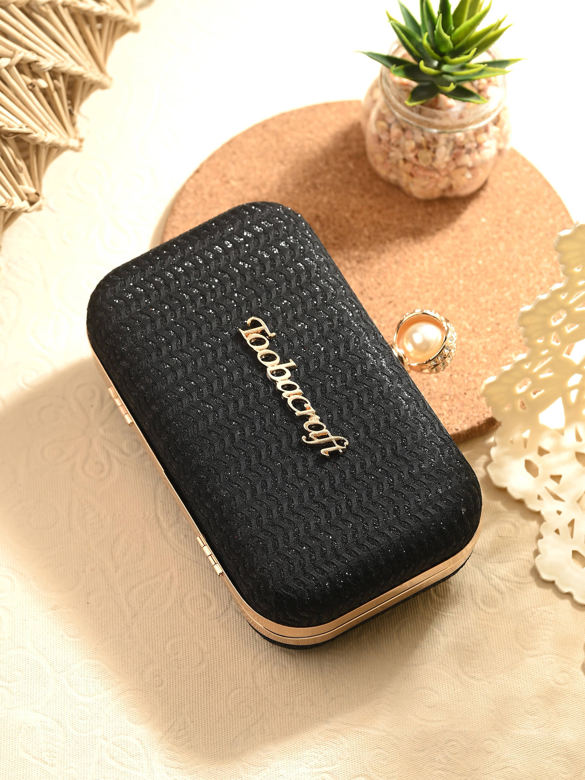     			Tooba Handicraft Black Fabric Box Clutch