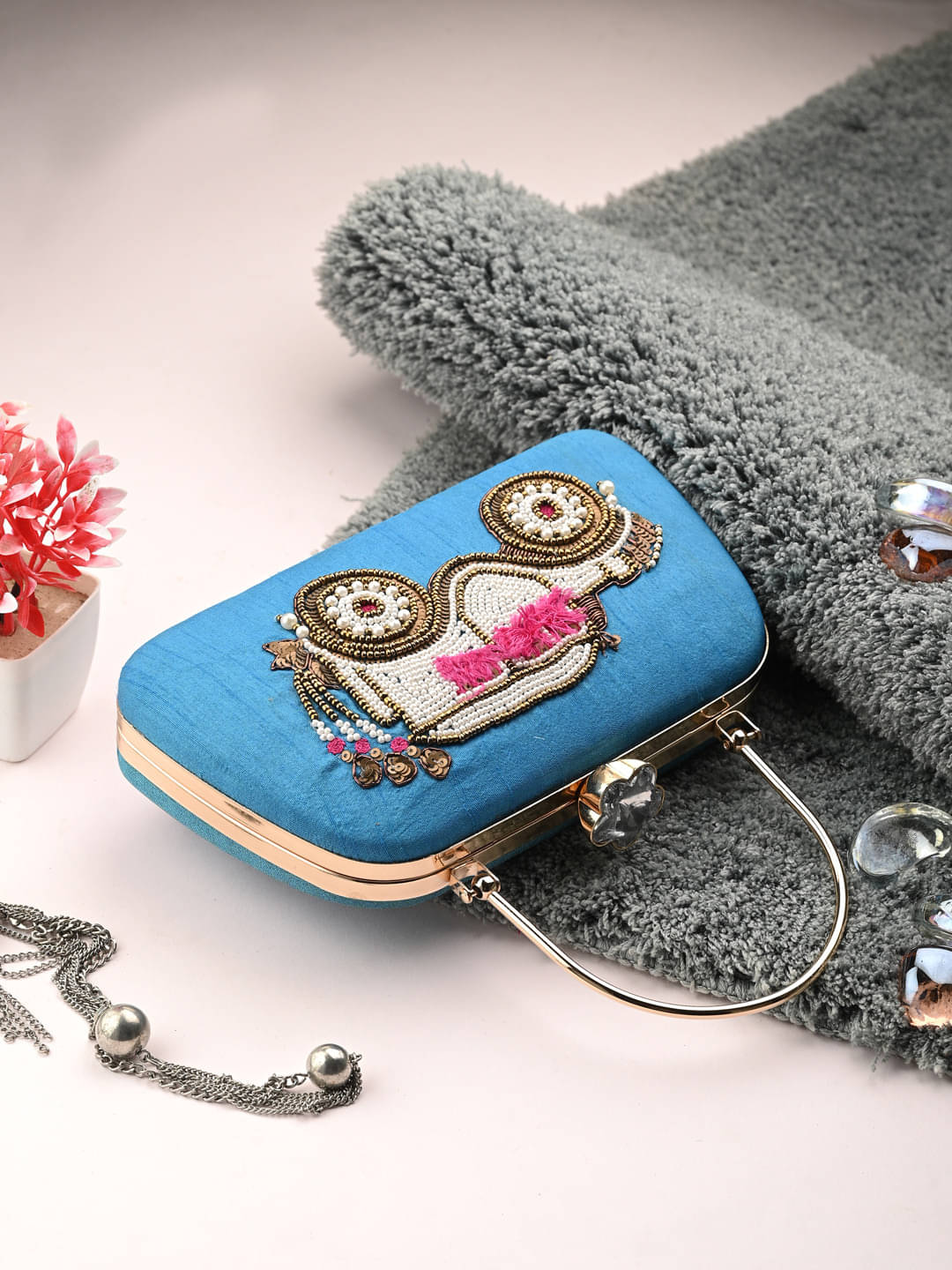     			Tooba Handicraft Blue Fabric Box Clutch