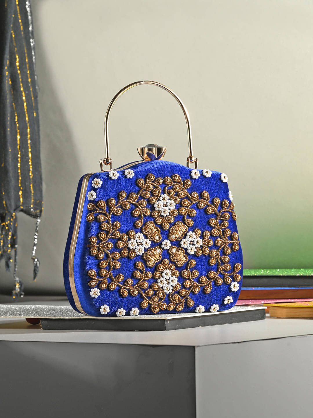     			Tooba Handicraft Blue Fabric Box Clutch