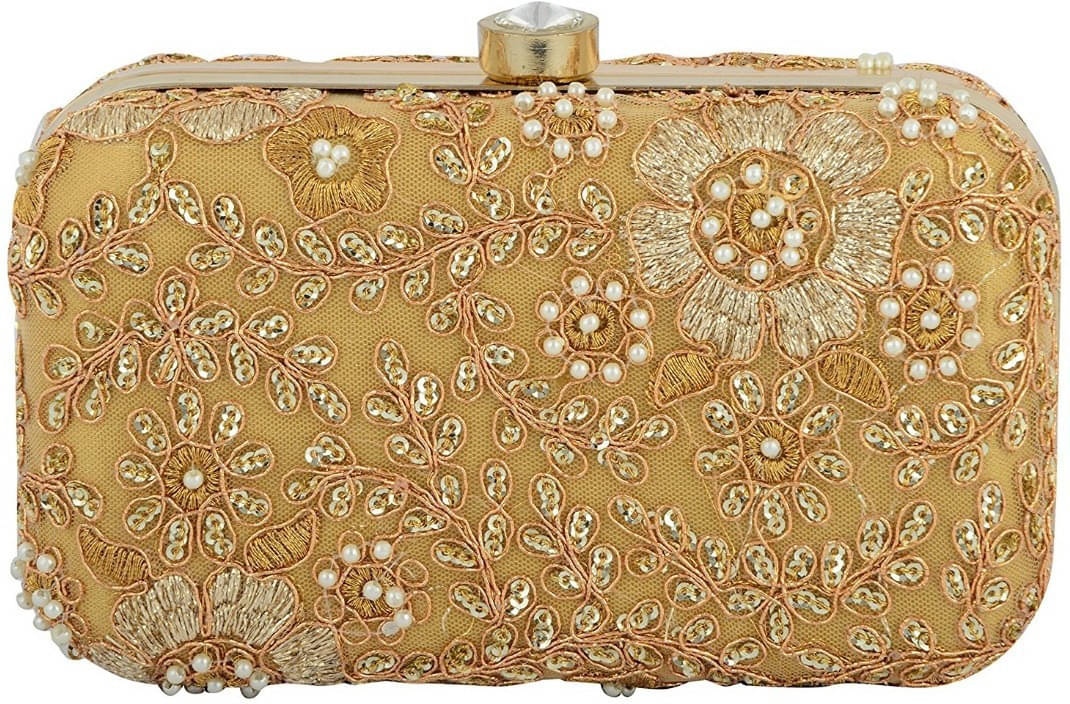     			Tooba Handicraft Gold Fabric Box Clutch