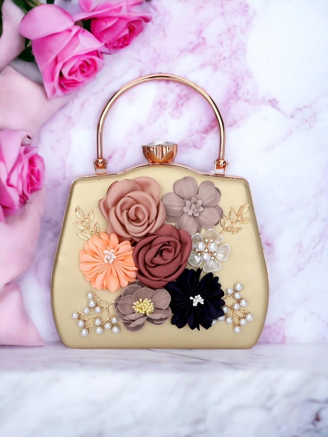     			Tooba Handicraft Gold Fabric Box Clutch