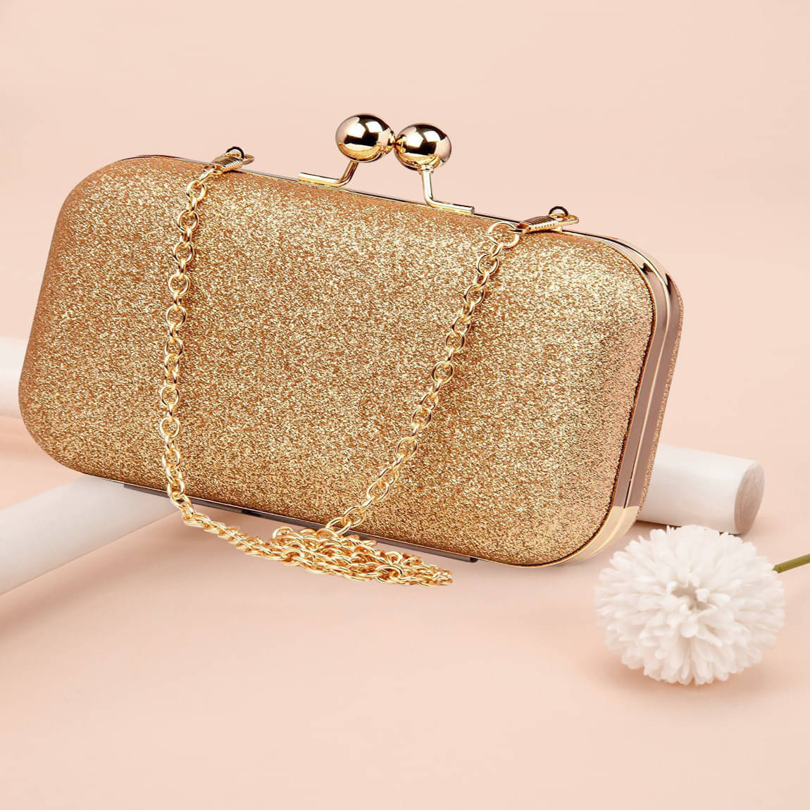     			Tooba Handicraft Gold Fabric Box Clutch