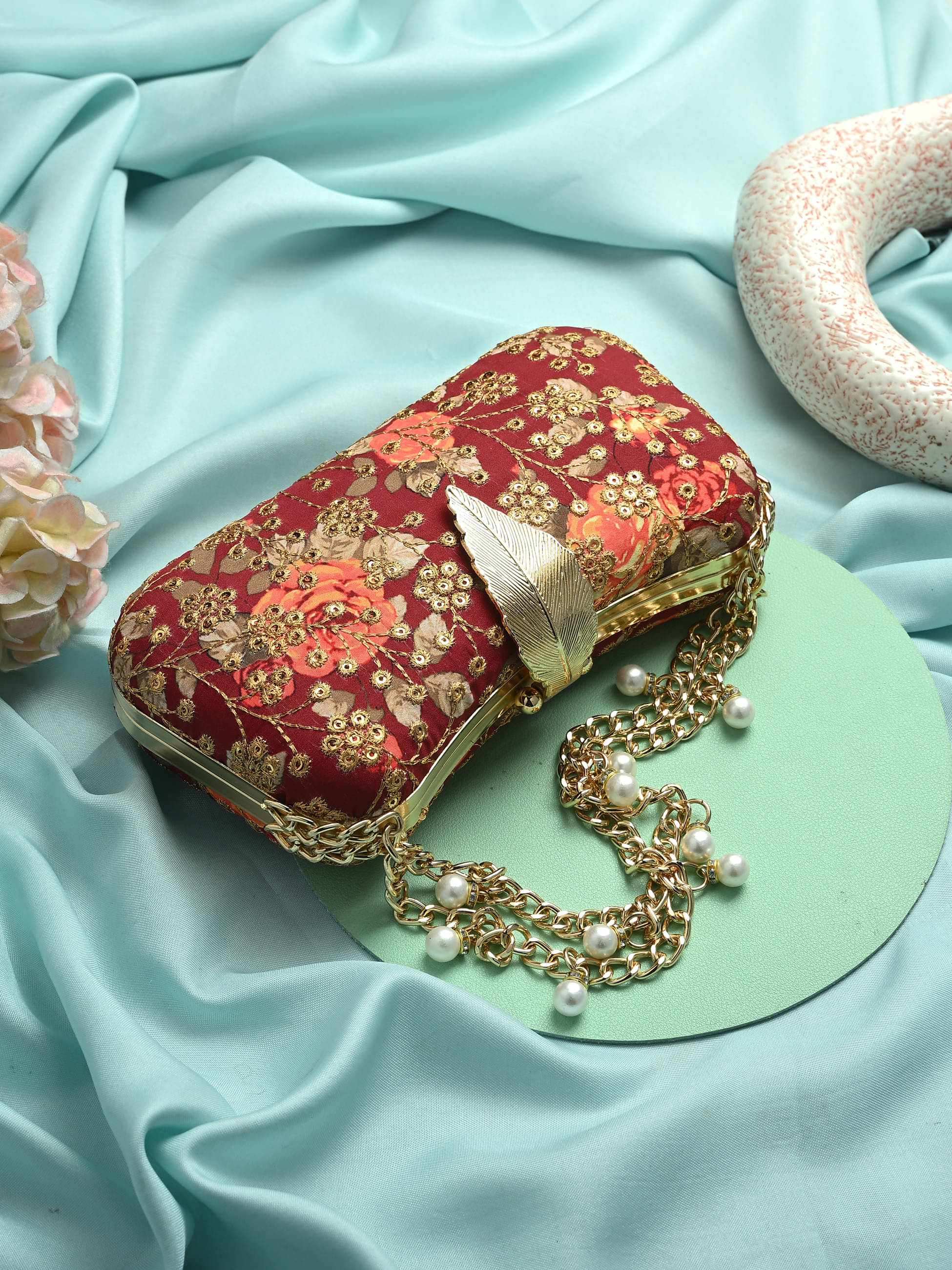    			Tooba Handicraft Maroon Fabric Box Clutch